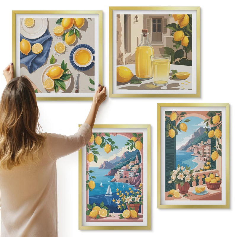 Galeria ścienna 4-częściowy komplet obrazów w złotych ramach - Widok na morze okna z włoskimi cytrynami - ArtPrintCave