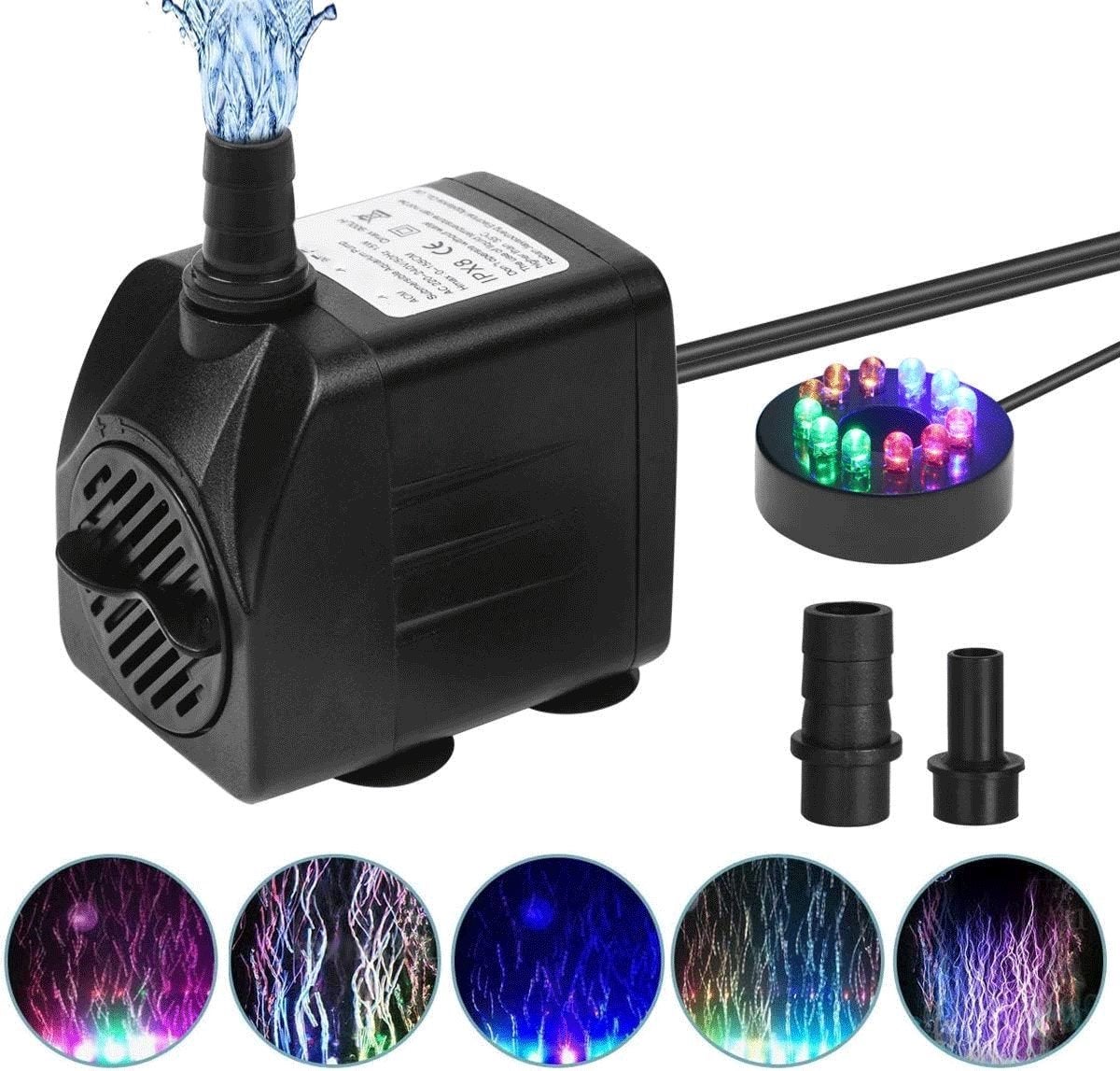 Pompa zanurzeniowa, pompa akwariowa 800 l/h, 16 W, z 12 regulowanymi kolorami diod LED, ultracicha, kabel 1,55 m, do akwariów, stawów i fontann