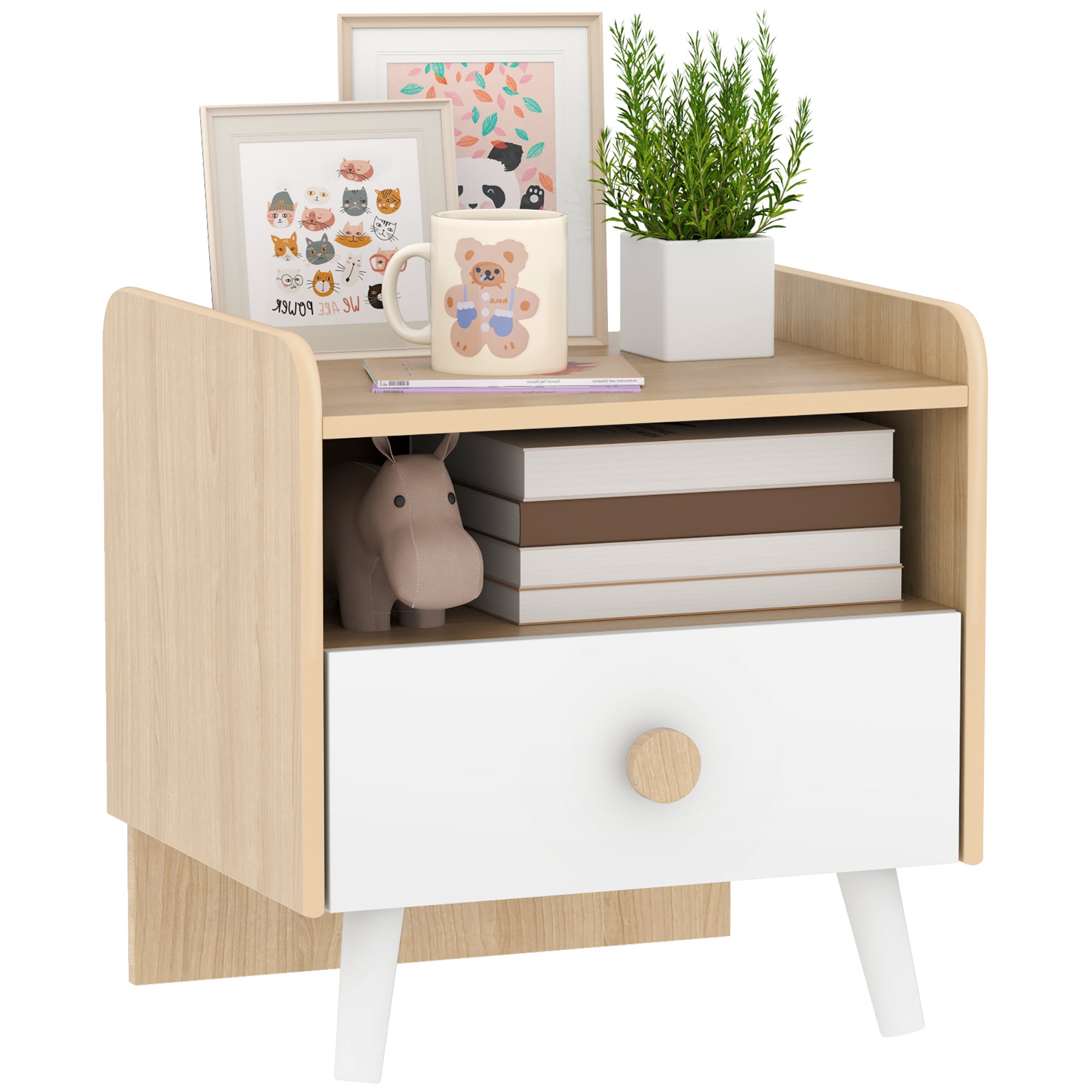 Dzieci's bedside stół, dzieci's nightstand z szuflada i półka, mały drewniany stolik boczny do dzieci's pokój