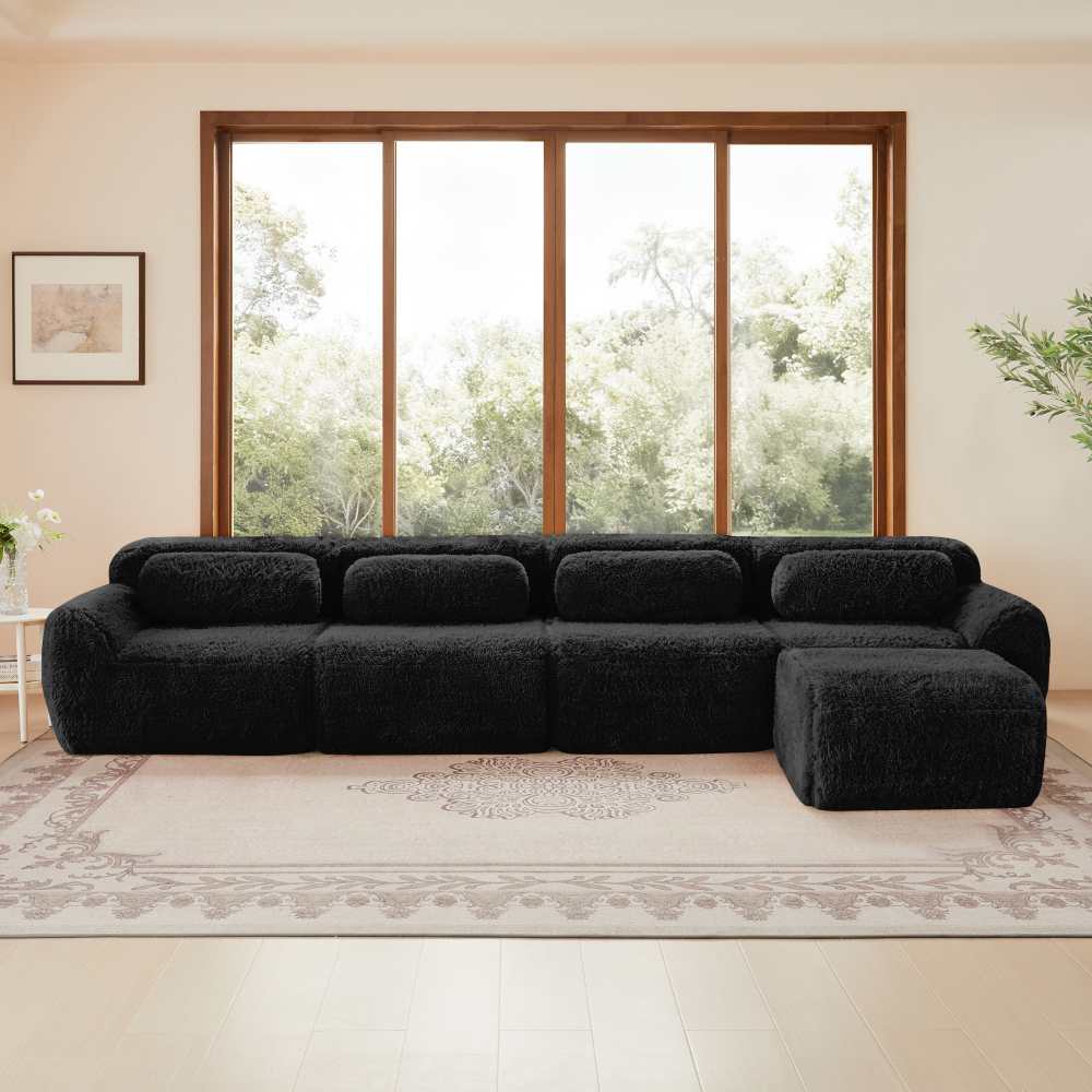Modułowa 4-osobowa sofa narożna w pluszowej tkaninie, szezlong, poduszki w zestawie, ergonomiczny komfort i nowoczesny design