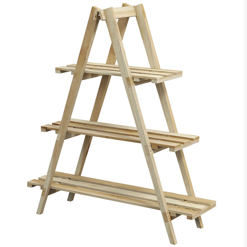3-poziomowy składany stojak na rośliny z naturalnego drewna z konstrukcją w kształcie litery A, 100 x 36 x 112 cm