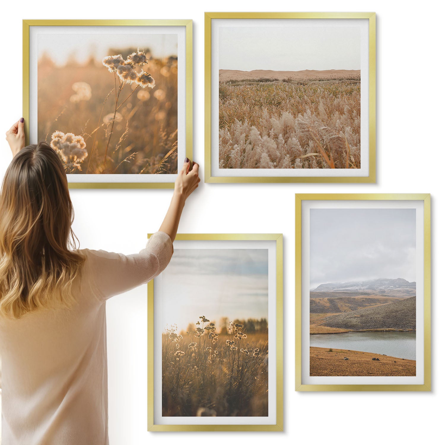 Galeria ścienna 4-częściowy komplet obrazów w złotych ramach - Krajobrazy z łąkami górami i jeziorem w tle - ArtPrintCave