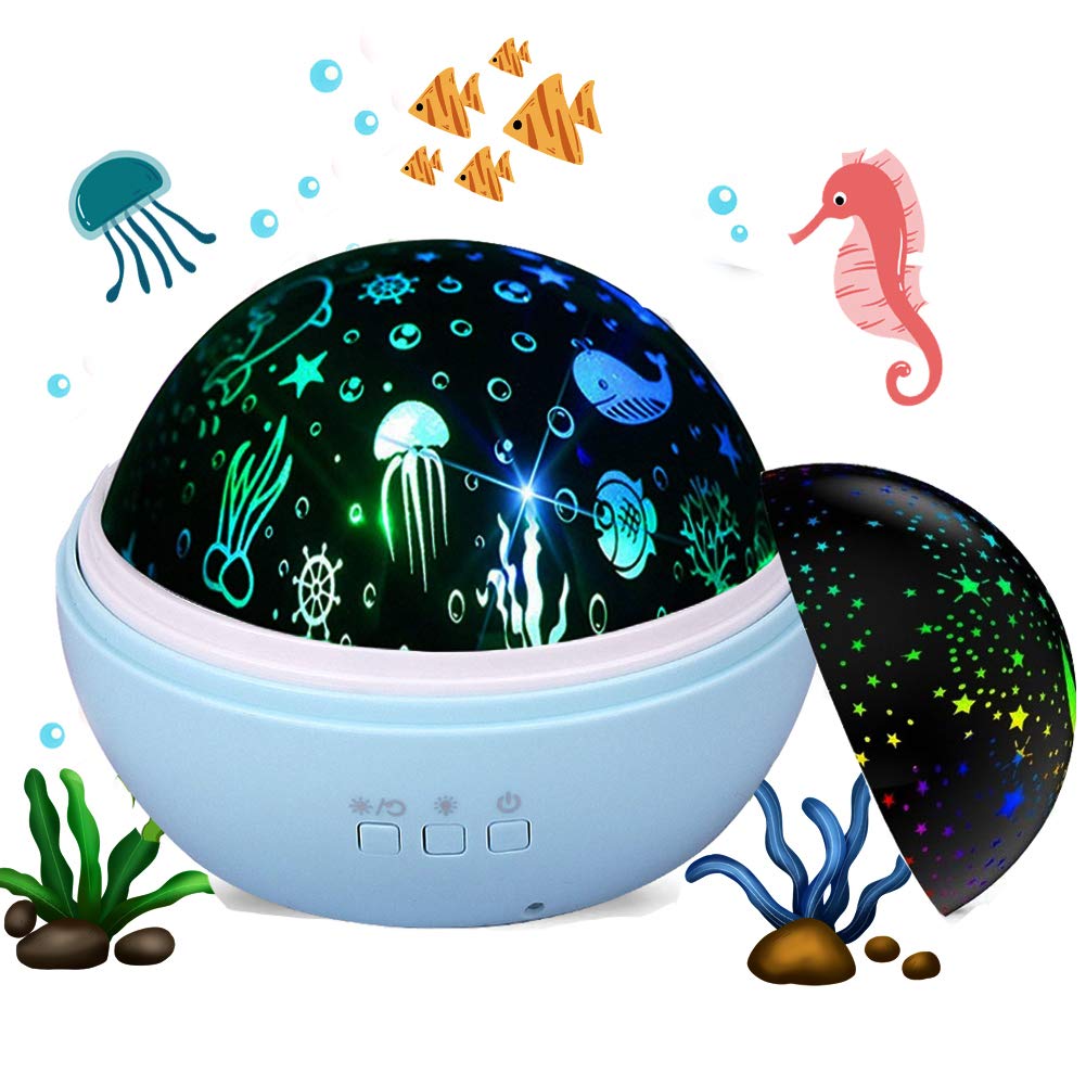 Lampka Nocna Projektor dla Dzieci, Projektor Gwiazd i Oceanu dla Niemowląt, Obrotowa Lampa Nocna 360° (Niebieska)