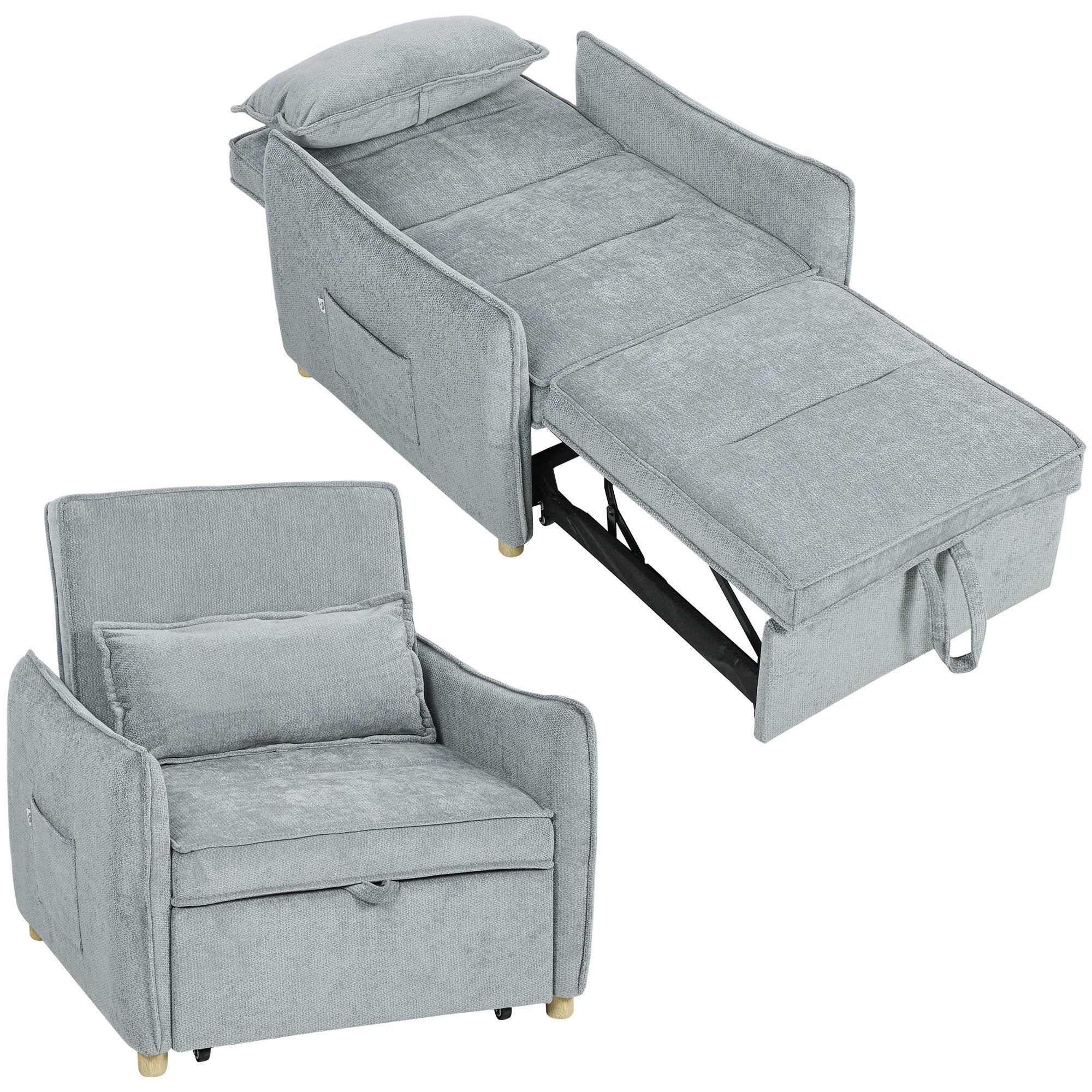 Fotel rozkładany, sofa 1-osobowa typu click-clack w tapicerce z szenili, regulowane siedzisko i oparcie, 88x84x87 cm, kolor szary