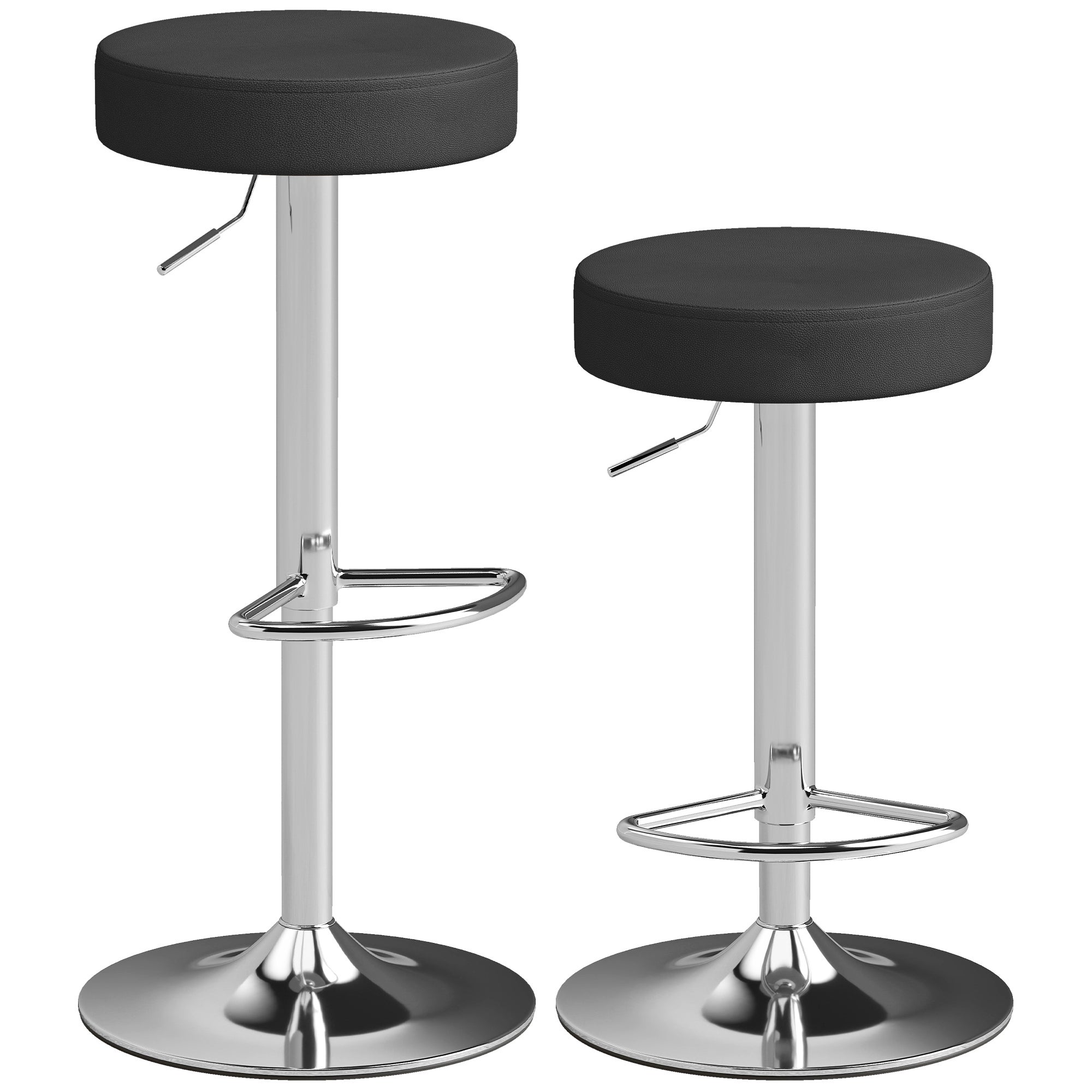 Zestaw 2 nowoczesnych, regulowanych krzeseł barowych, tapicerka ze skóry ekologicznej, pianka i metal, 38,5 x 38,5 x 62-84 cm, kolor czarny