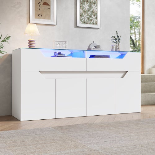 Komoda z blatem ze szkła hartowanego - 2 szuflady i 4 drzwi - 140x40x70 cm - MDF + szkło - biała