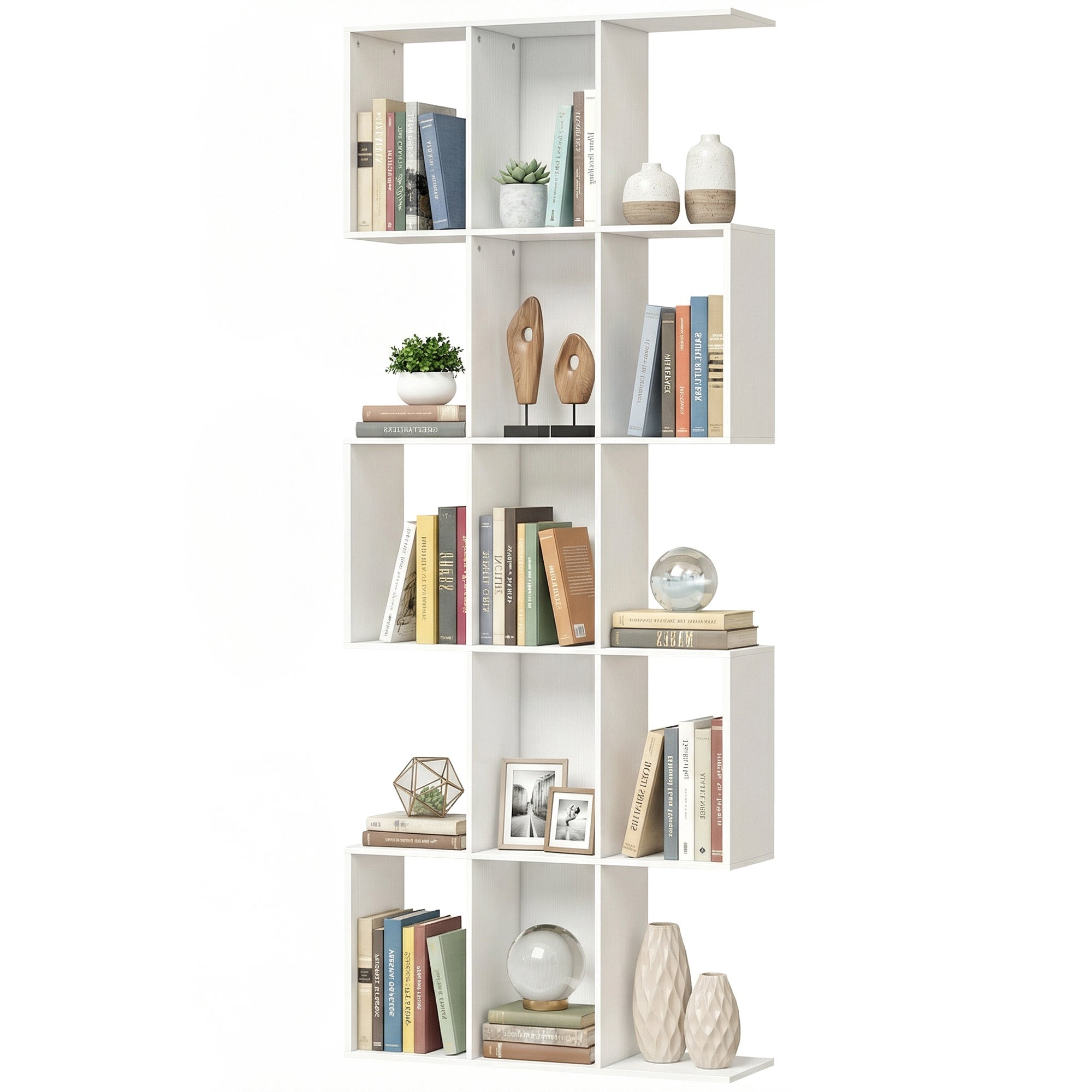Regał biblioteczny w kształcie litery S, 5-poziomowy, do salonu, sypialni, biura, 80 x 24 x 200 cm, biały