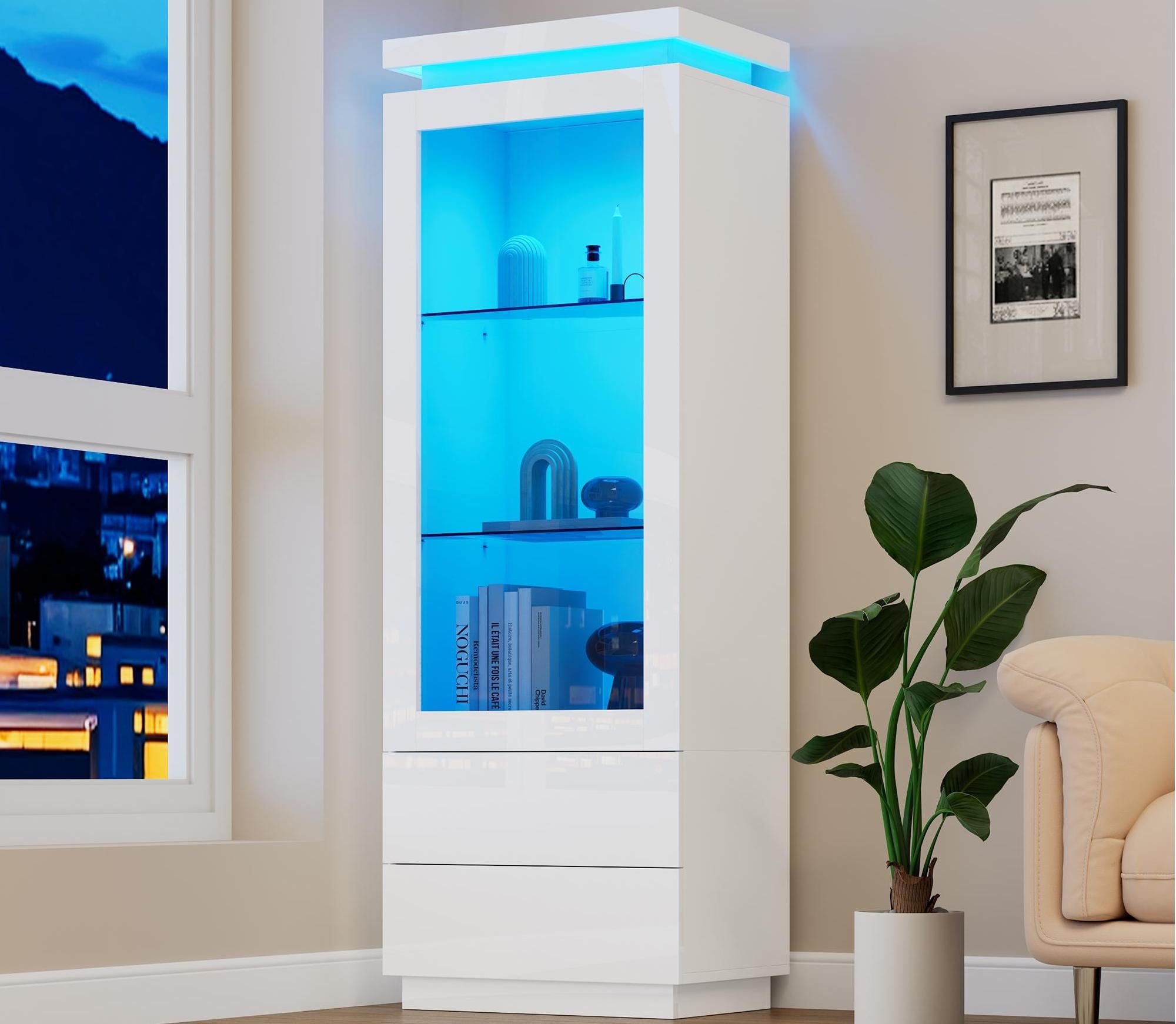 Witryna 60 x 40 x 171 cm - z 2 szufladami i 1 drzwiami - z oświetleniem LED - połysk - szkło hartowane - biały