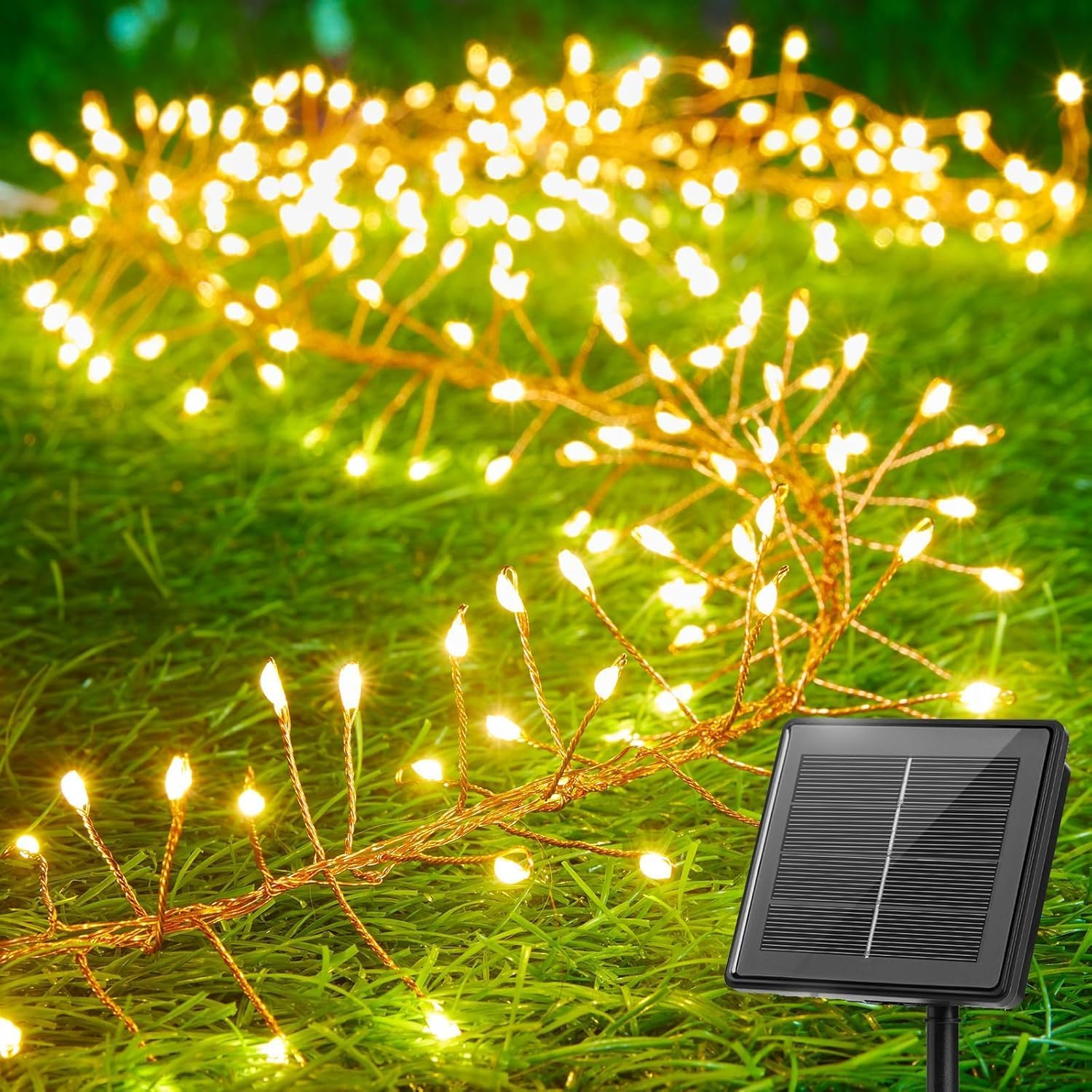Lampki solarne, dekoracyjne oświetlenie zewnętrzne w kształcie petard, o długości 6 metrów, z 200 diodami LED (ciepłe światło).