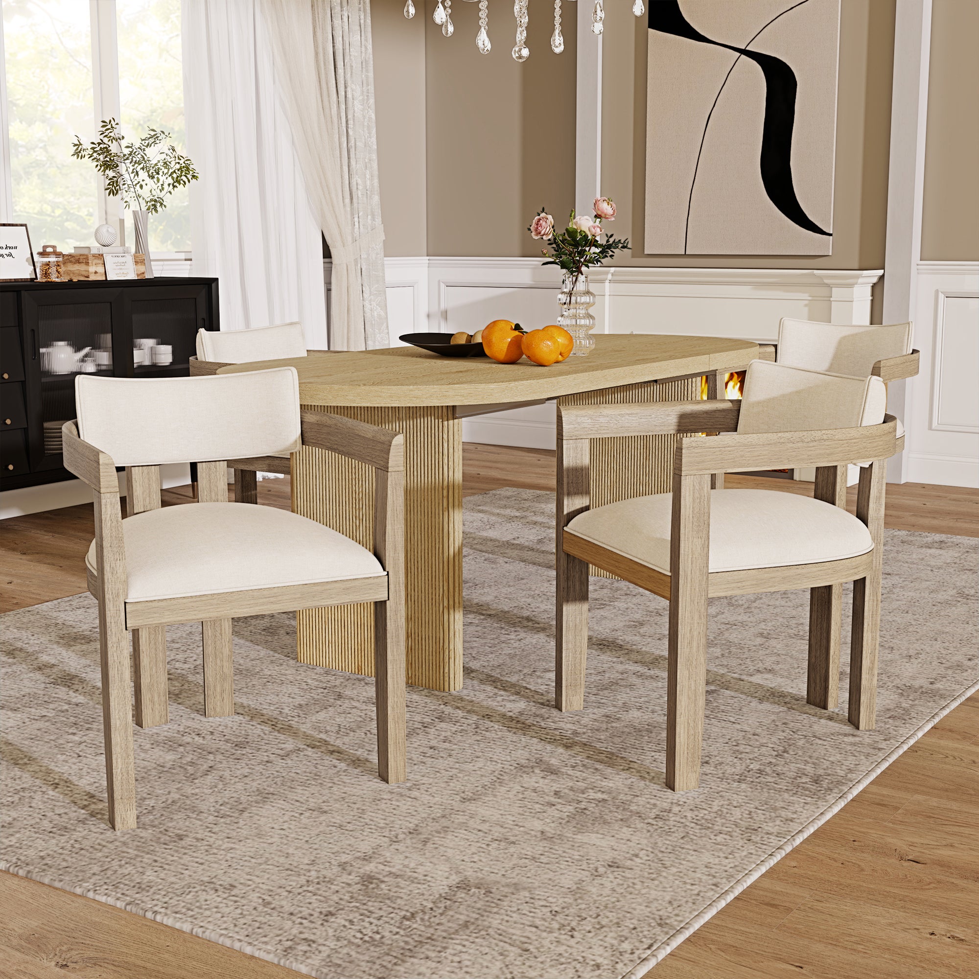 Lot de 4 chaises en bois massif avec accoudoirs - structure en bois massif - revêtement en lin - marron