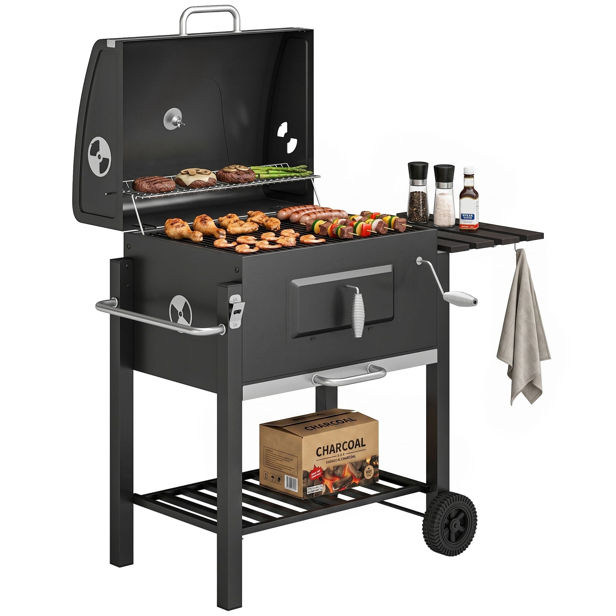 Wędzarnia/grill węglowy, 1 półka, 1 wieszak na ręczniki, 2 ruszty, 113 cm x 65 cm x 108 cm, czarny