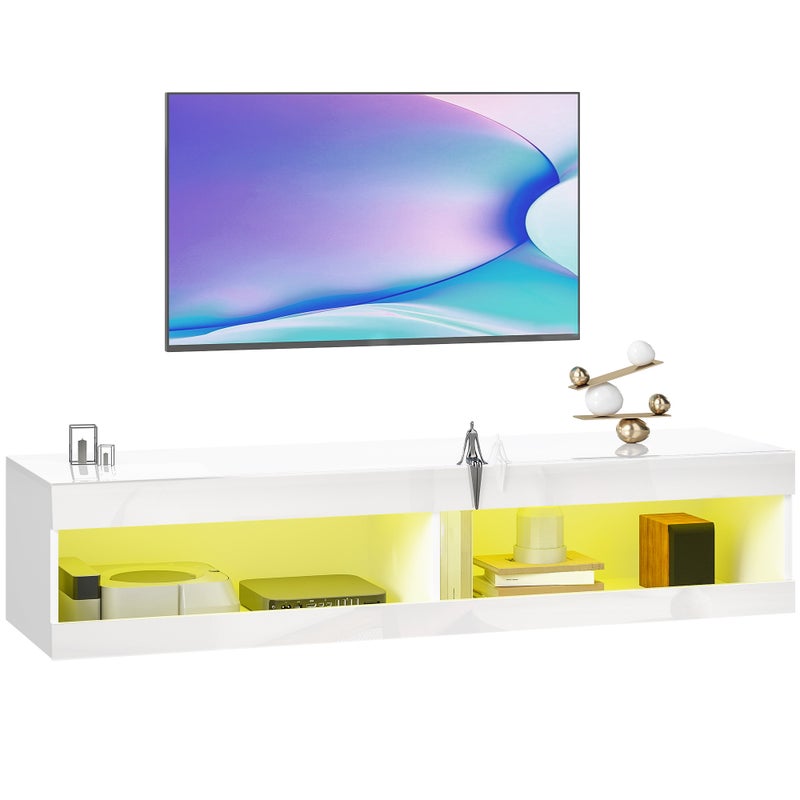 Szafka RTV wisząca z oświetleniem LED i pilotem, przegródki, otwory na kable, 140x40x30 cm, połyskująca biel