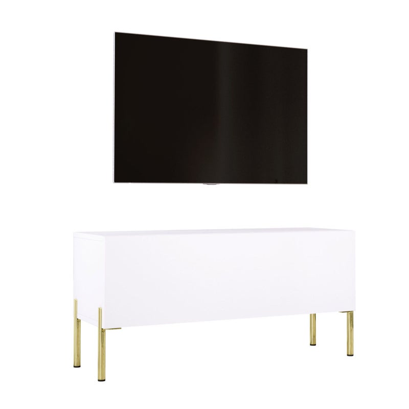 Szafka pod telewizor w kolorze białym matowym / białym błyszczącym, złote nogi, 100 x 52 x 32 cm