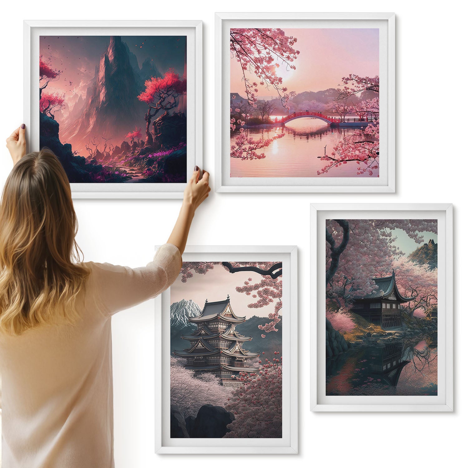Galeria ścienna 4-częściowy komplet obrazów w białych ramach - Krajobrazy fantasy Japonii górskie pejzaże - ArtPrintCave