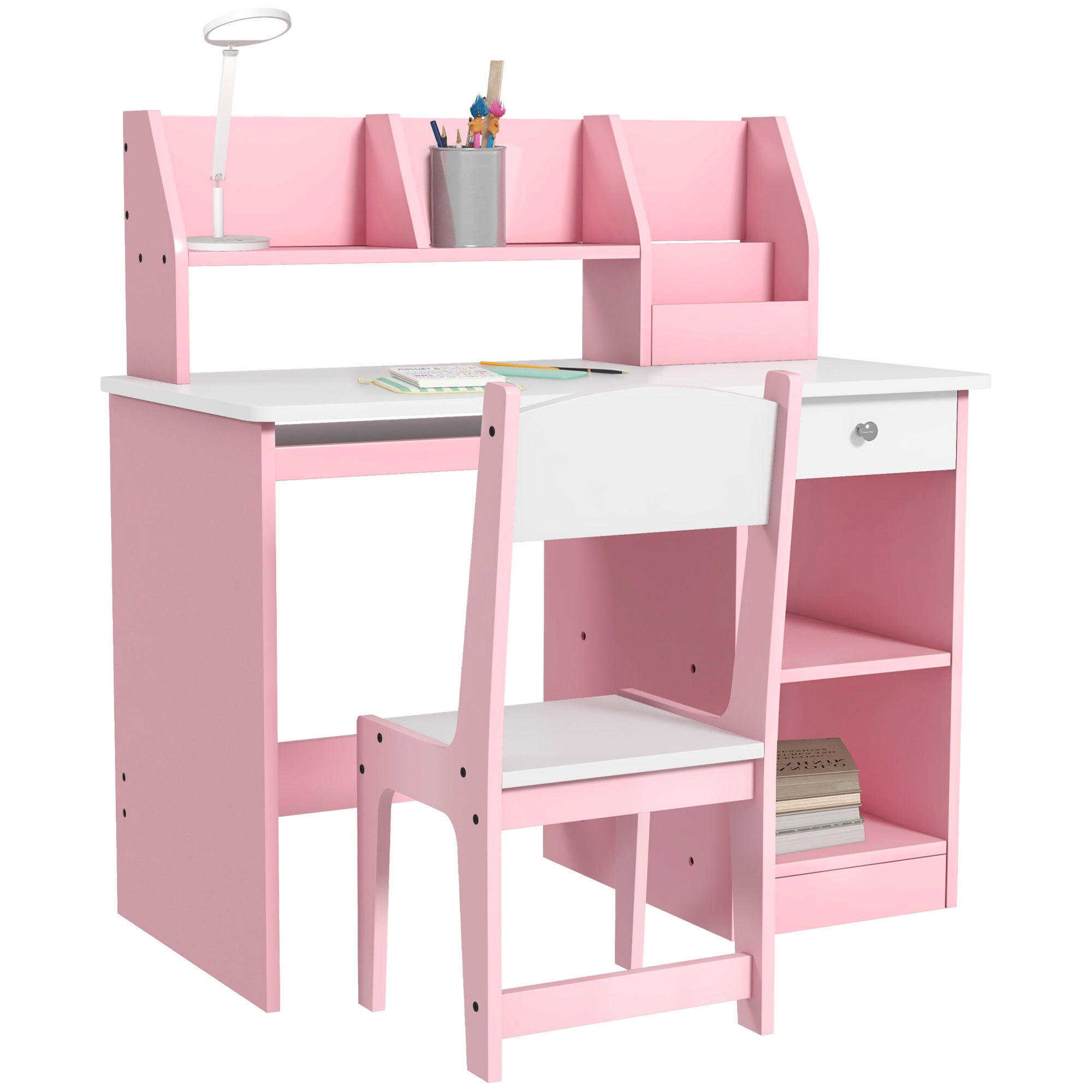 Biurko dziecięce z ergonomicznym krzesłem, wysuwaną półką na klawiaturę, szufladą, otwartymi półkami i wnękami, 90 x 45 x 90 cm, różowe