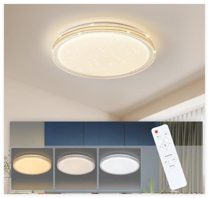Lampa sufitowa LED z pilotem, trójkolorowa lampa wpuszczana LED o mocy 48 W, lampa sufitowa do salonu z kryształową obręczą (40 cm).