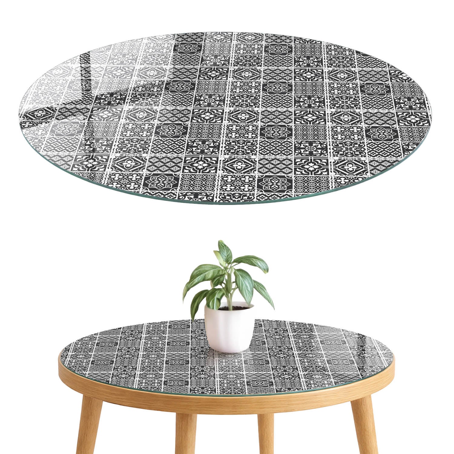 Szkło na stół z nadrukiem 4 mm - dekoracyjny blat do salonu, biura i kuchni fi60 cm Geometryczne wzory