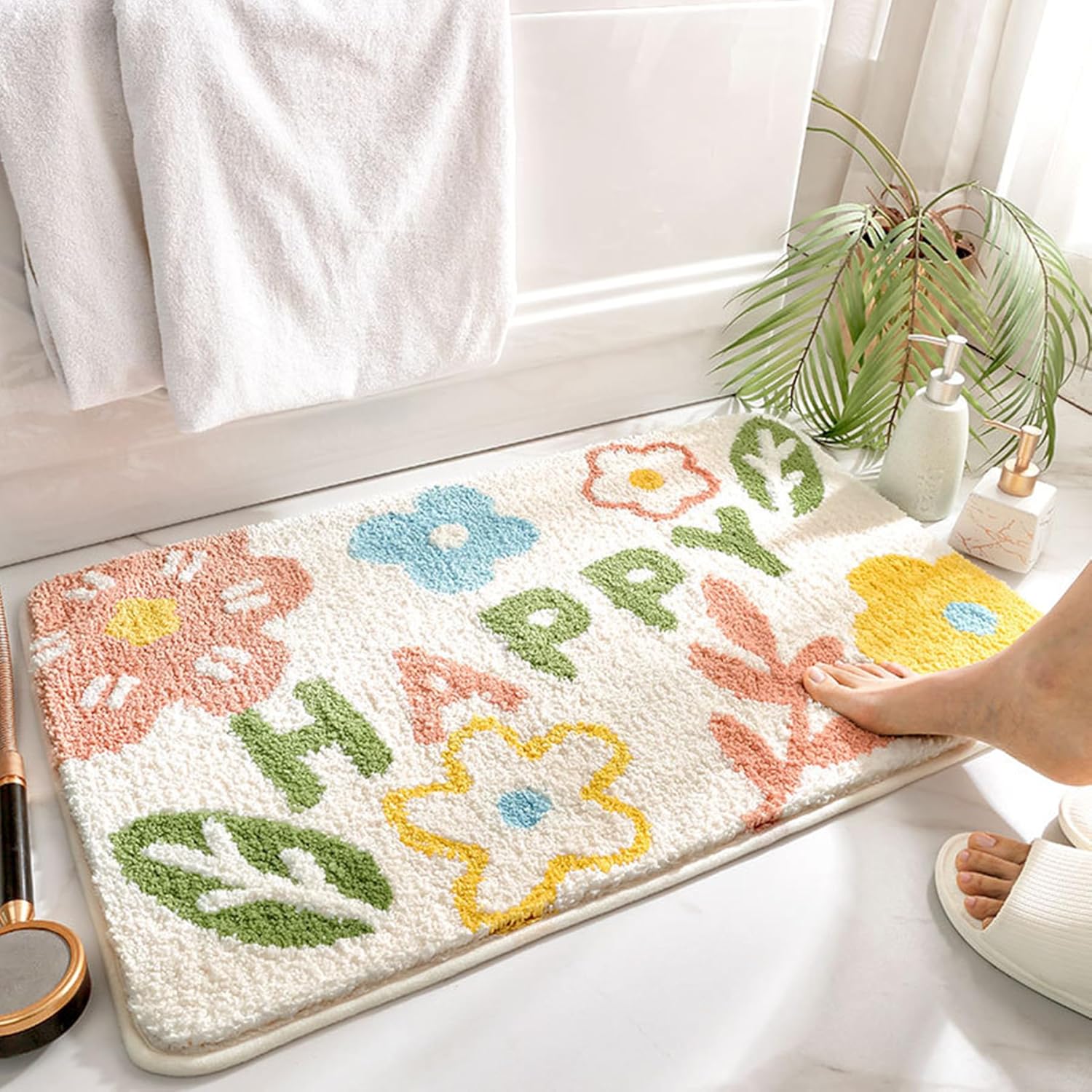 Mata łazienkowa antypoślizgowa, nadająca się do prania w pralce, włochata, do wanny, prysznica i łazienki (Happy Flower, 50 x 80 cm)