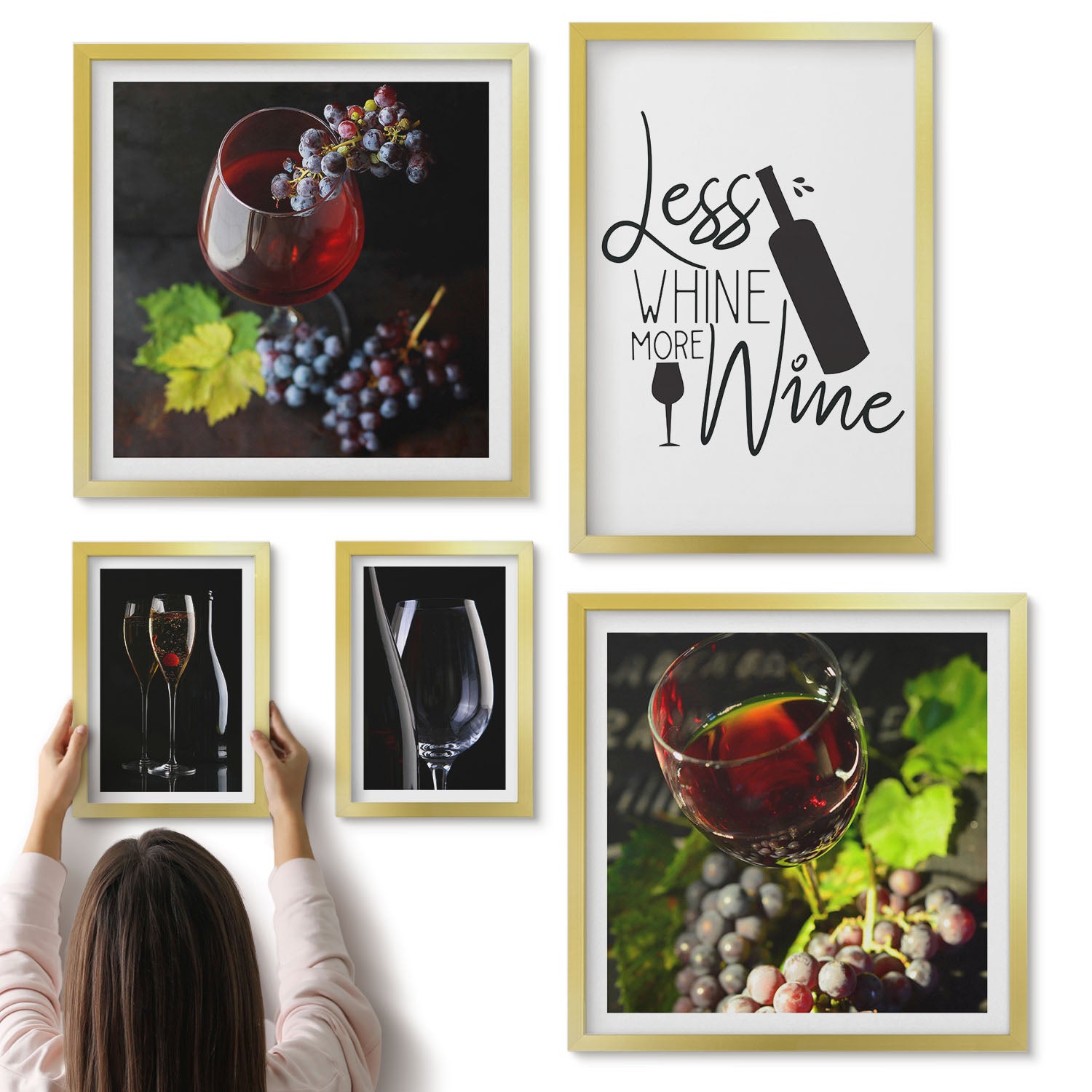Galeria ścienna 5-częściowy komplet obrazów w złotych ramach - Stylowe wino i akcesoria do degustacji win - ArtPrintCave