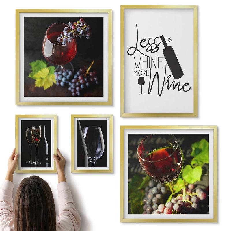 Galeria ścienna 5-częściowy komplet obrazów w złotych ramach - Stylowe wino i akcesoria do degustacji win - ArtPrintCave