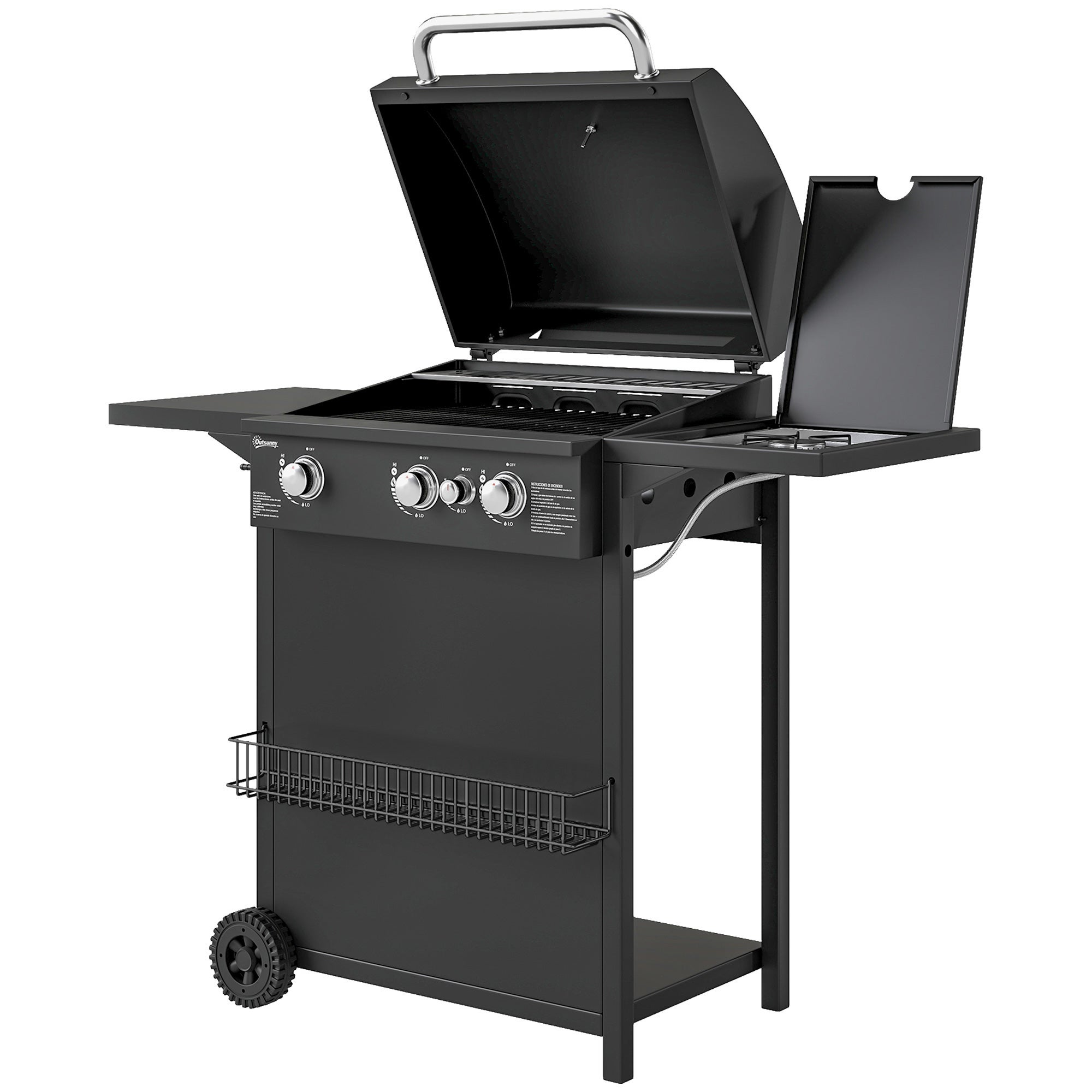 Grill gazowy z niezależnymi palnikami, pokrywą z termometrem i półką boczną, czarny