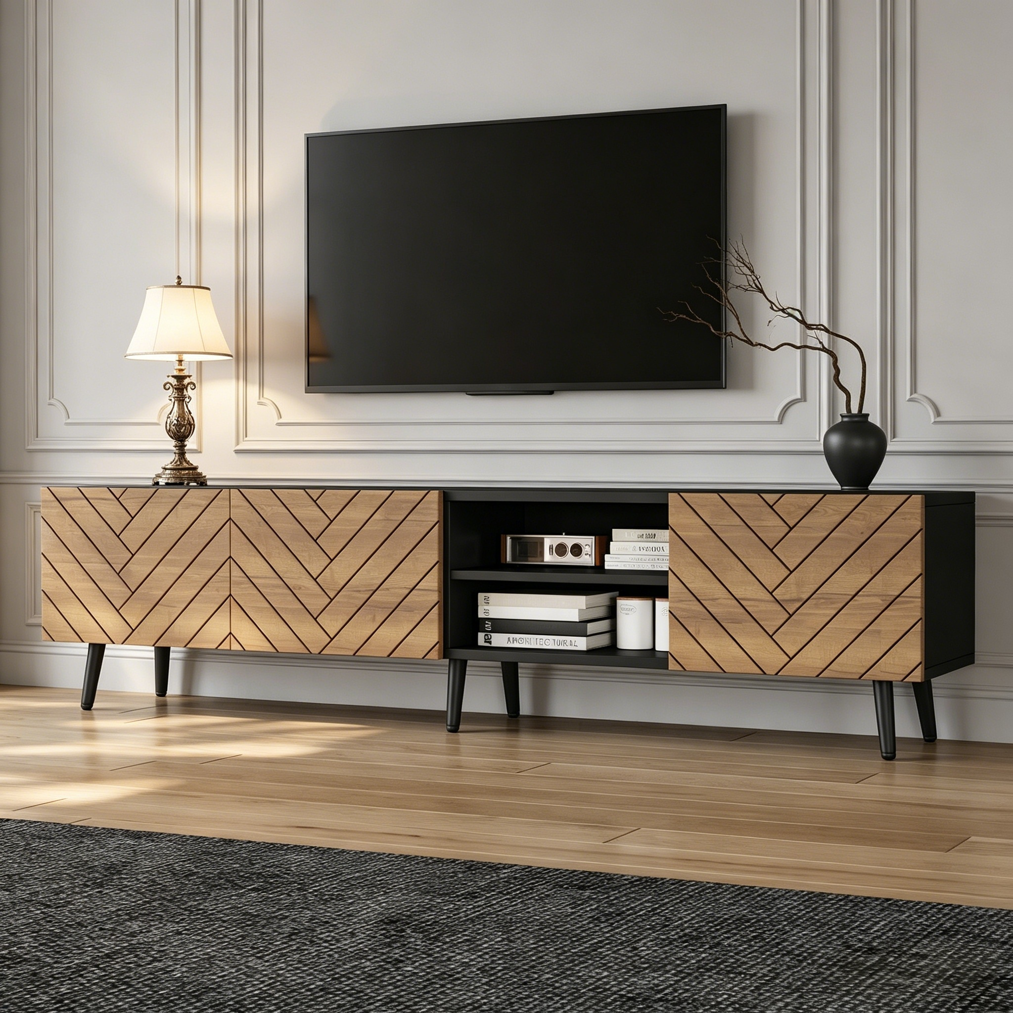 Stolik pod TV z 3 drzwiami i 2 otwartymi przegrodami - 180 x 33,5 x 45 cm - Płyta wiórowa - Kolor czarny z efektem drewna