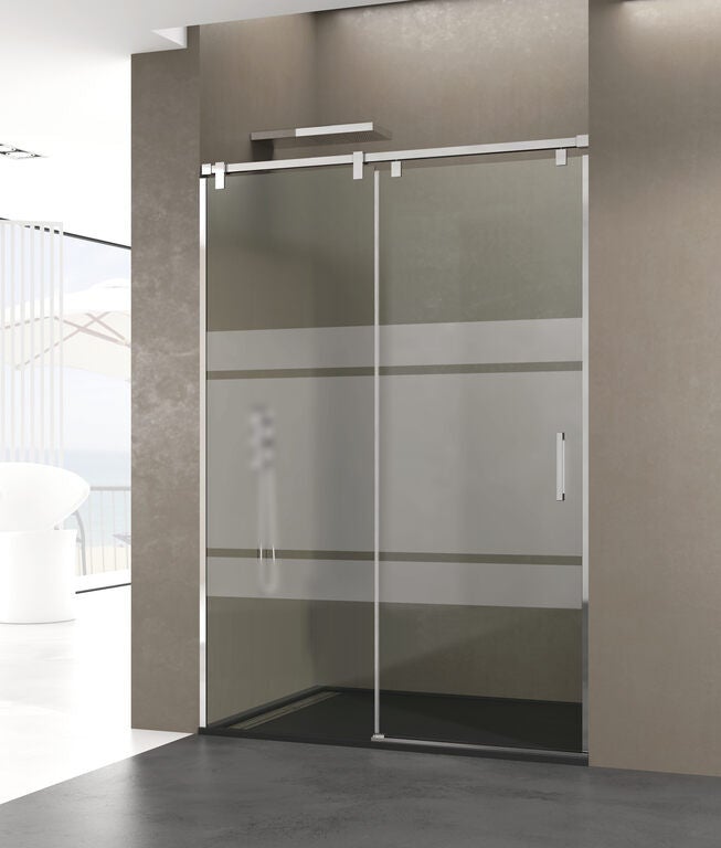 Kabina frontowa FUTURA 1 panel stały + 1 drzwi przesuwne 120 cm (115-120) stal nierdzewna połysk szkło sitodrukowane Frost Plus
