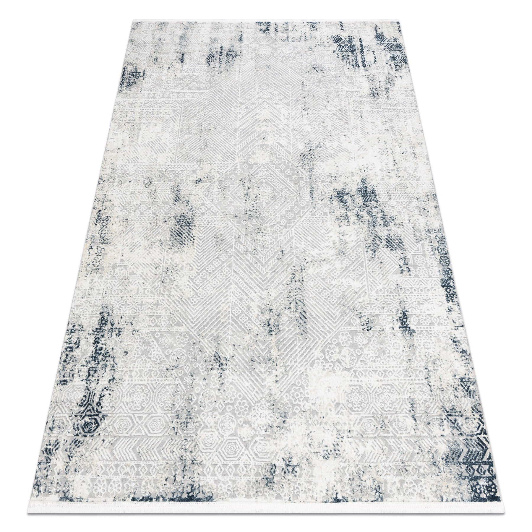 Dywan DUKE 51558 krem / niebieski - Geometryczny vintage, strukturalny, bardzo miękki, frędzle 120x170 cm