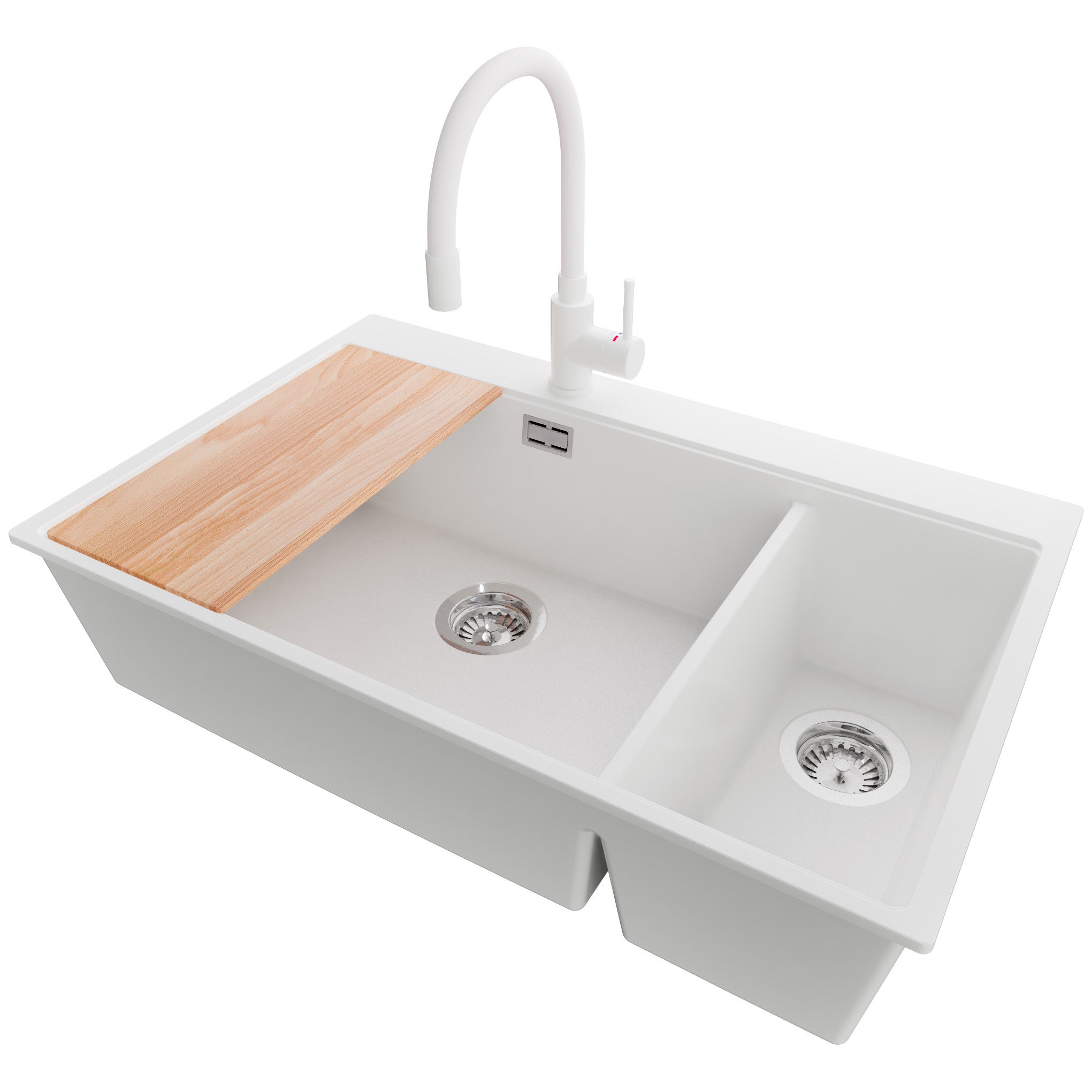 Zlewozmywak Granitowy Biały 78x50cm, Zlew Kuchenny 2 Komorowy + Bateria 38x14cm + Syfon + Deska, Nablatowy do szafki od 80cm - Oslo Duo PRIMAGRAN