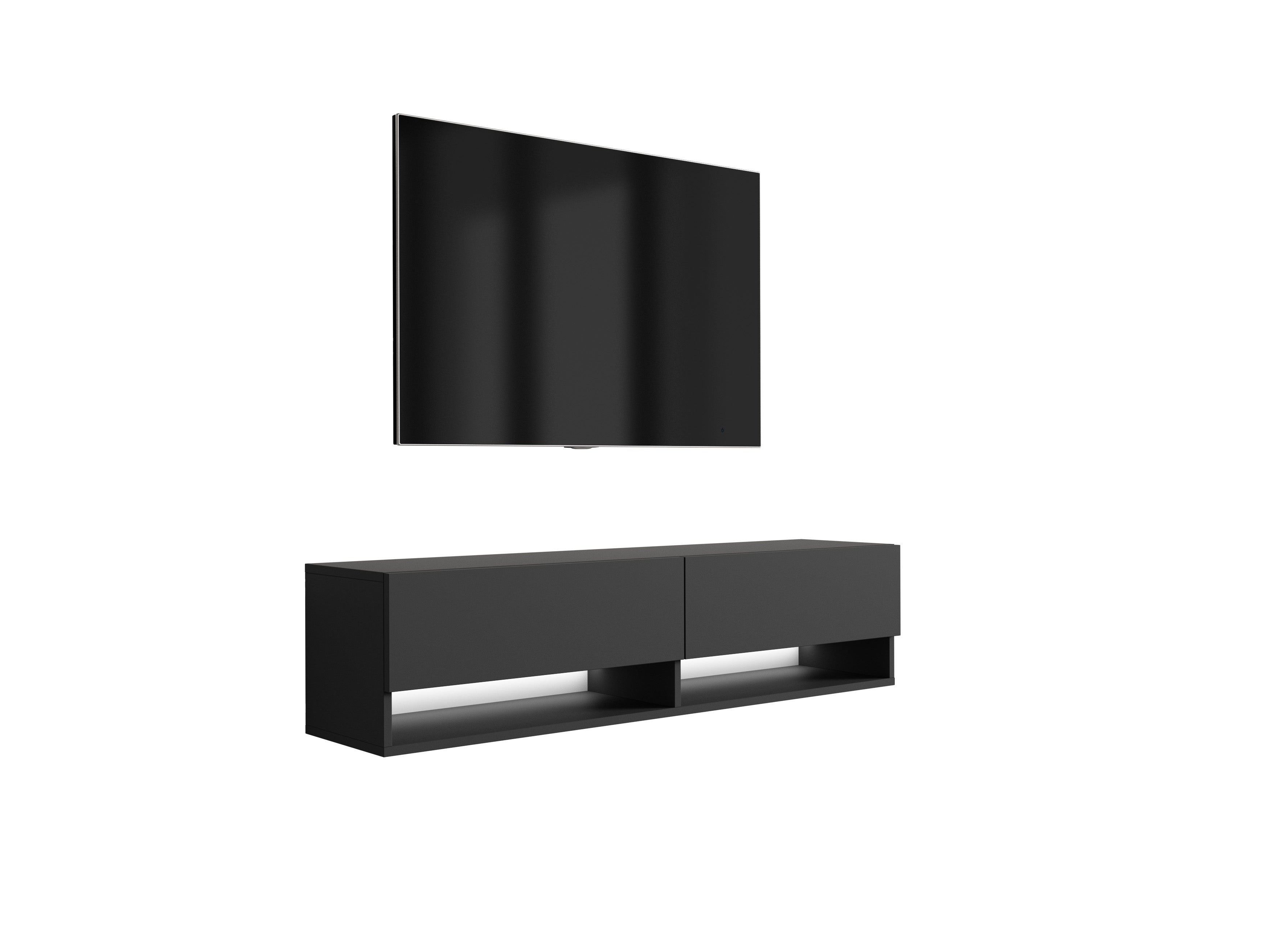 Szafka pod telewizor 140 cm Czarny Mat, LED biały, 140 × 32 × 34 cm