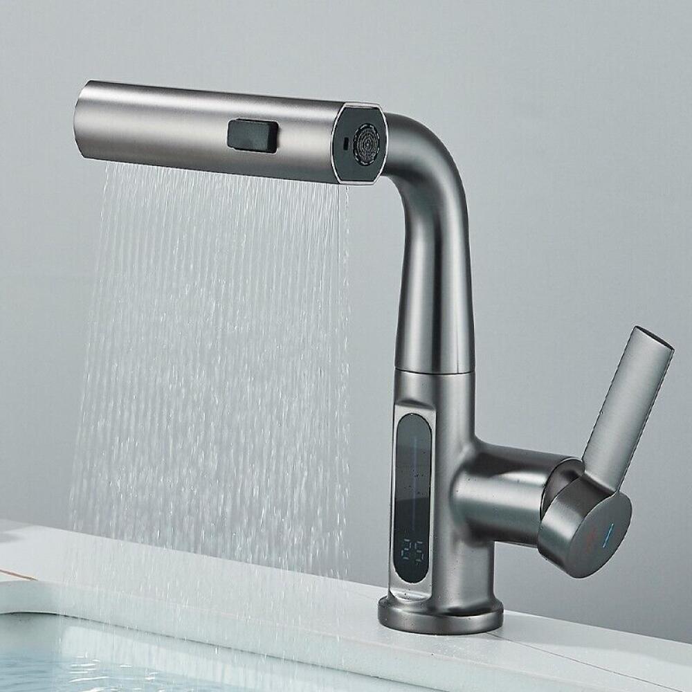 Bateria umywalkowa z wyciąganą wylewką - wyświetlacz temperatury LED, obrót o 360°, 3 tryby, regulowana wysokość, nowoczesny szary design