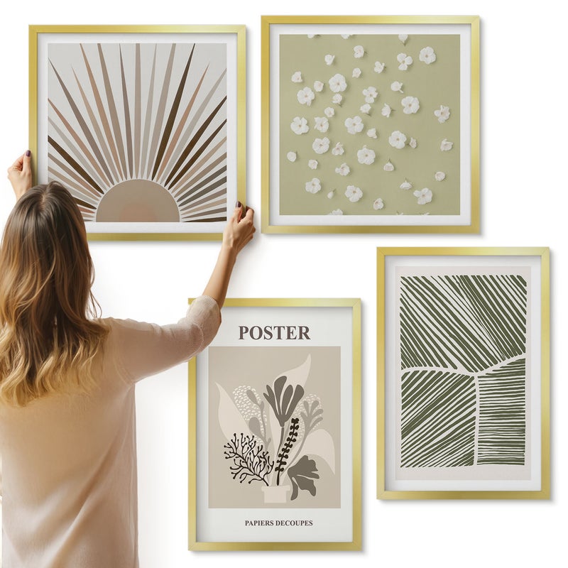 Galeria ścienna 4-częściowy komplet obrazów w złotych ramach - Roślinne motywy w stonowanych kolorach i wzorach - ArtPrintCave