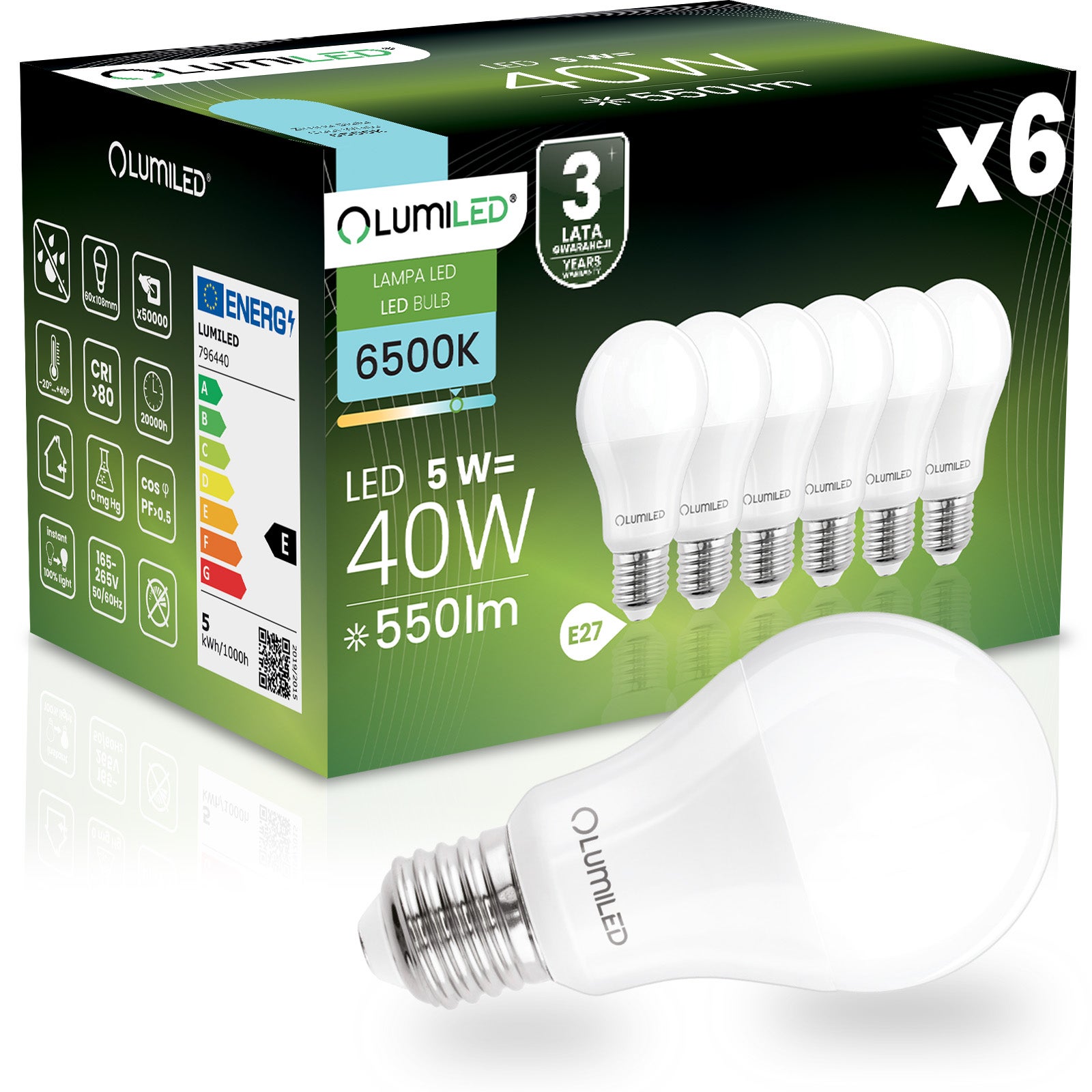 Żarówka LED Lumiled E27 A60 5W 470lm 6500K Zimna biel 260st 6 szt.