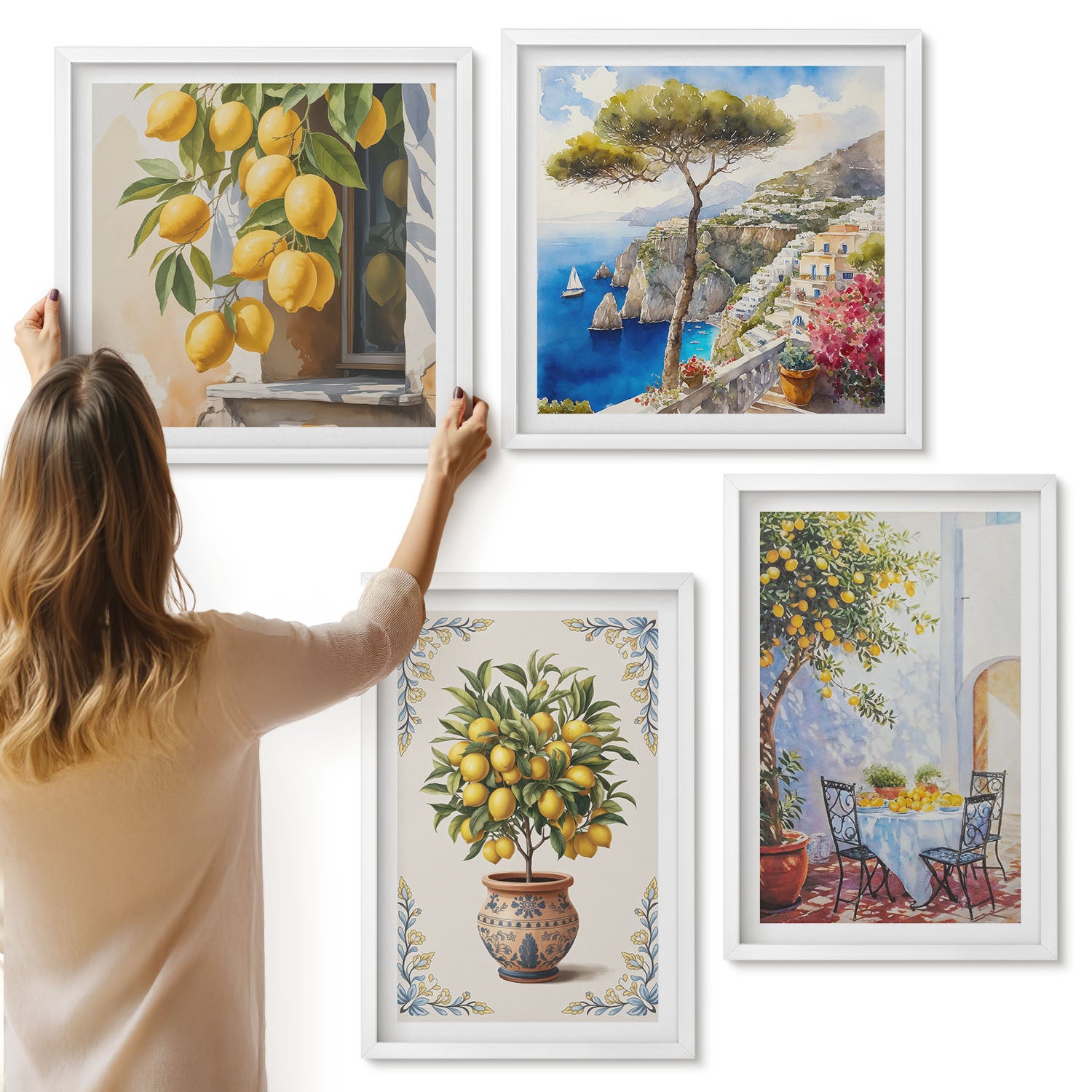 Galeria ścienna 4-częściowy komplet obrazów w białych ramach - Cytrynowe drzewa i owoce w słonecznej scenerii - ArtPrintCave