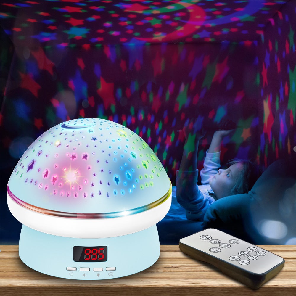 Lampka nocna dla dziecka z projektorem (niebieska), lampka nocna z rozgwieżdżonym niebem, obrotowy pilot 360°, timer, wielokolorowa lampka nocna do p