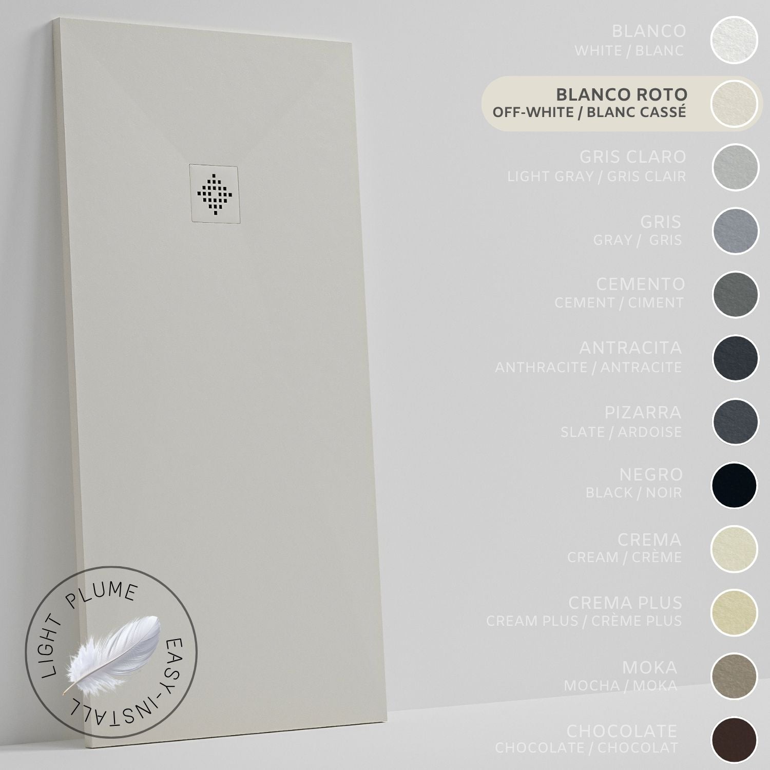 SOULHOME Lekki Brodzik z Żywicy tekstura Łupka złamana biel – 100x90- cm Ultra-płaski Zawiera Syfon i Kratkę Same