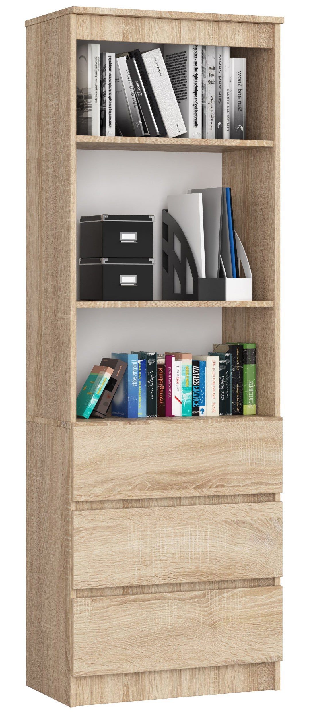 Regał AKORD R60 Dąb Sonoma 60 cm 3 szuflady kolor Dąb Sonoma mat 3 półki 60x35x180 cm