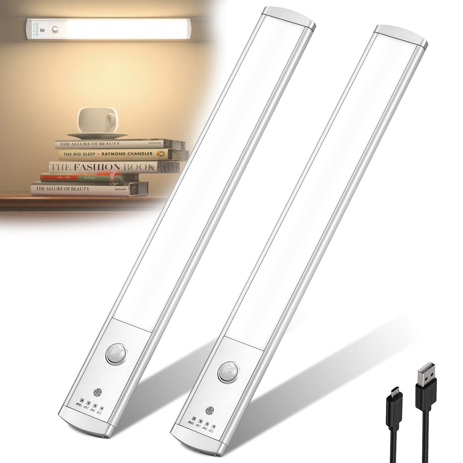 Zestaw 2 lamp do szaf z czujnikiem ruchu, pod szafkę, lampki nocne kuchenne ładowane przez USB, jednolite światło, 23 cm