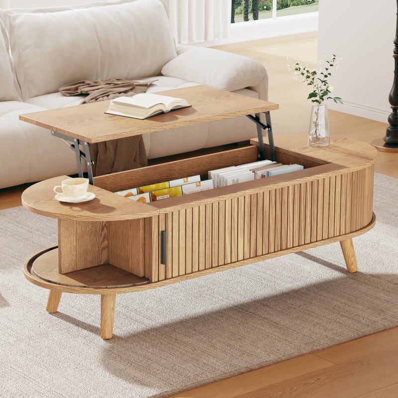 Stolik kawowy z podnoszonym blatem 120x50x39,5 cm - 2 drzwi - Ukryty schowek - Nogi z litego drewna - Naturalny