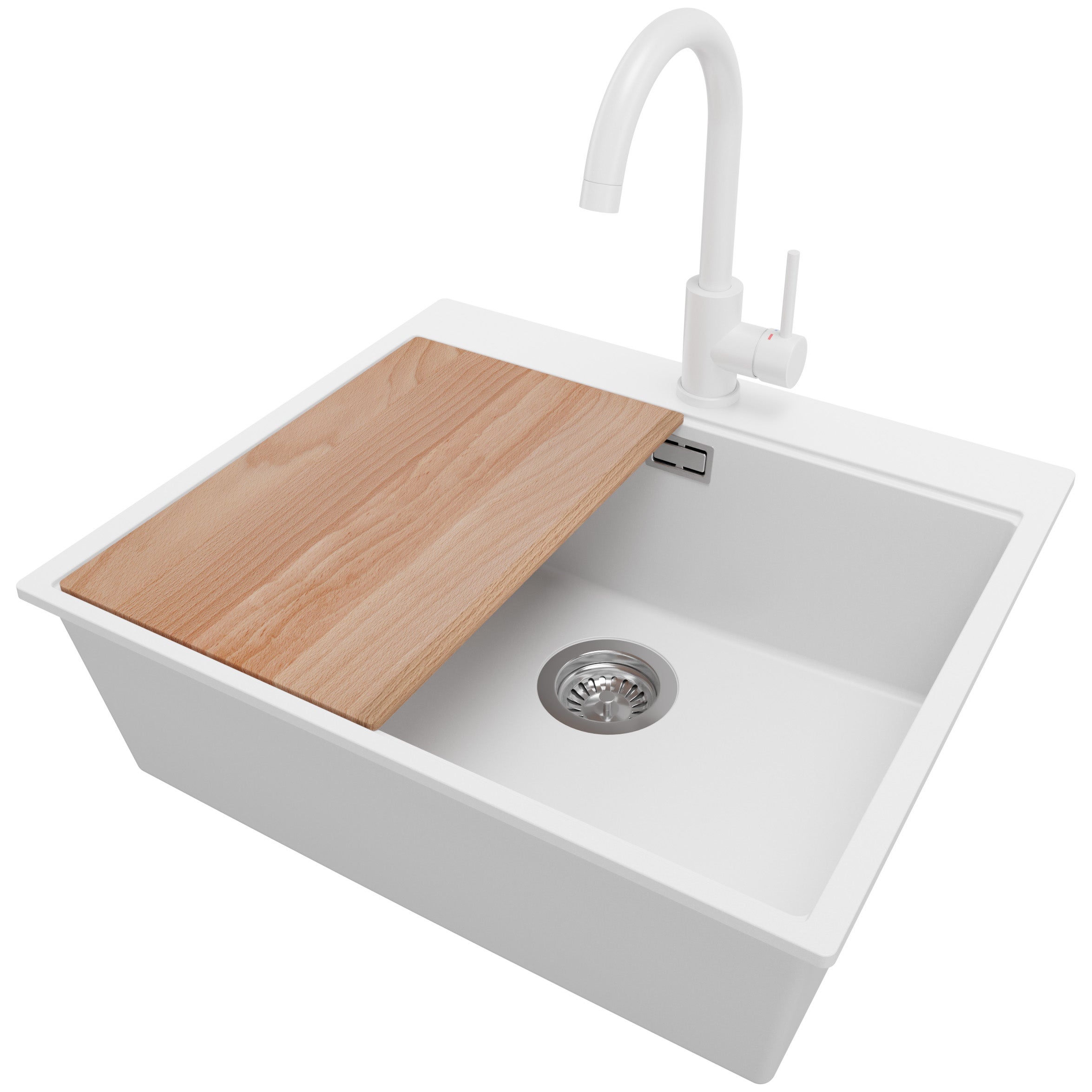 Zlewozmywak Granitowy Biały 58x50cm, Zlew Kuchenny 1 Komorowy + Bateria 32x20cm + Syfon + Deska, Nablatowy do szafki od 60cm - Oslo PRIMAGRAN