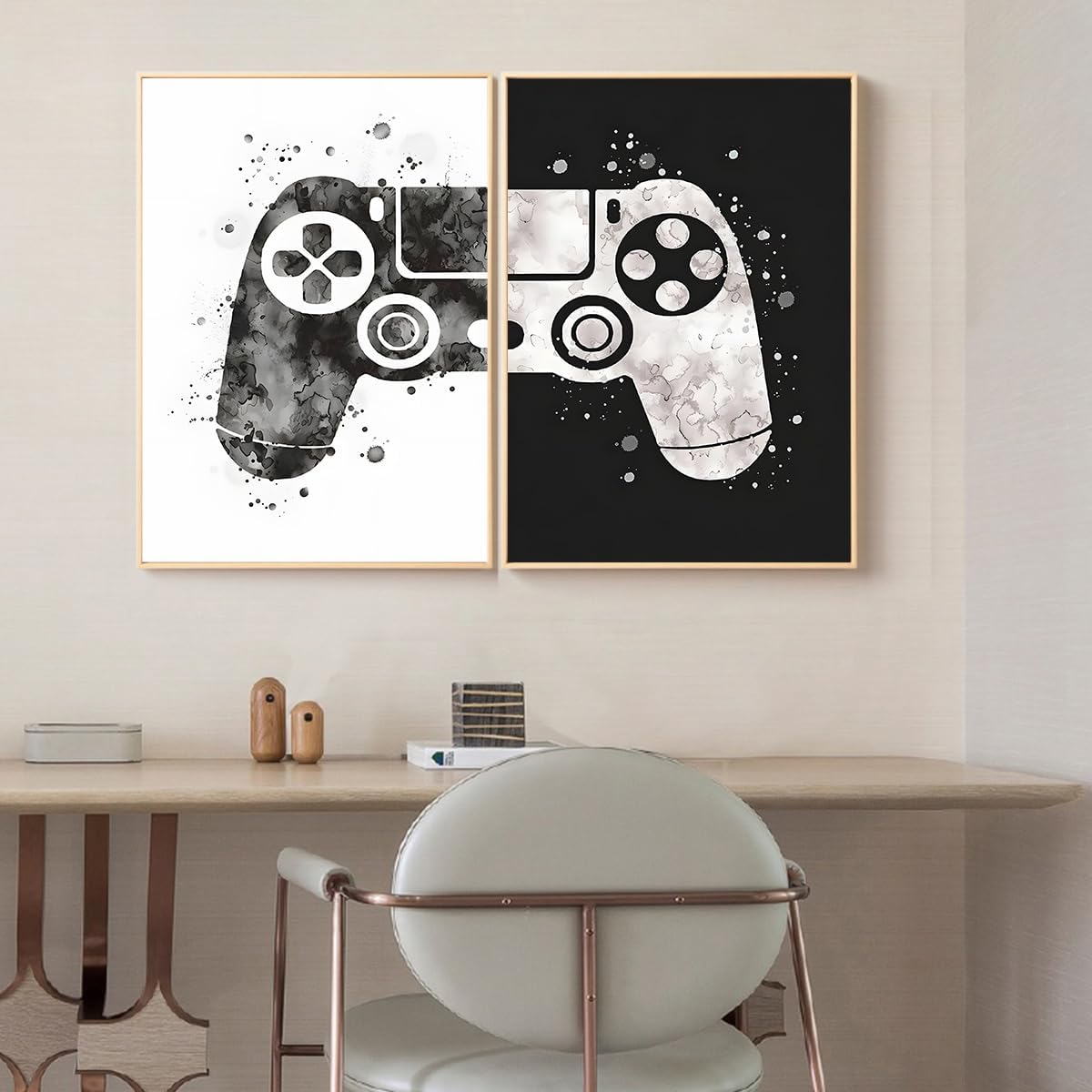 Nowoczesna czarno-biała grafika ścienna – Kontroler do gier – Plakat drukowany – Joystick – Dekoracja ścienna do salonu, Bez ramki – A, 50 x 70 cm x 2