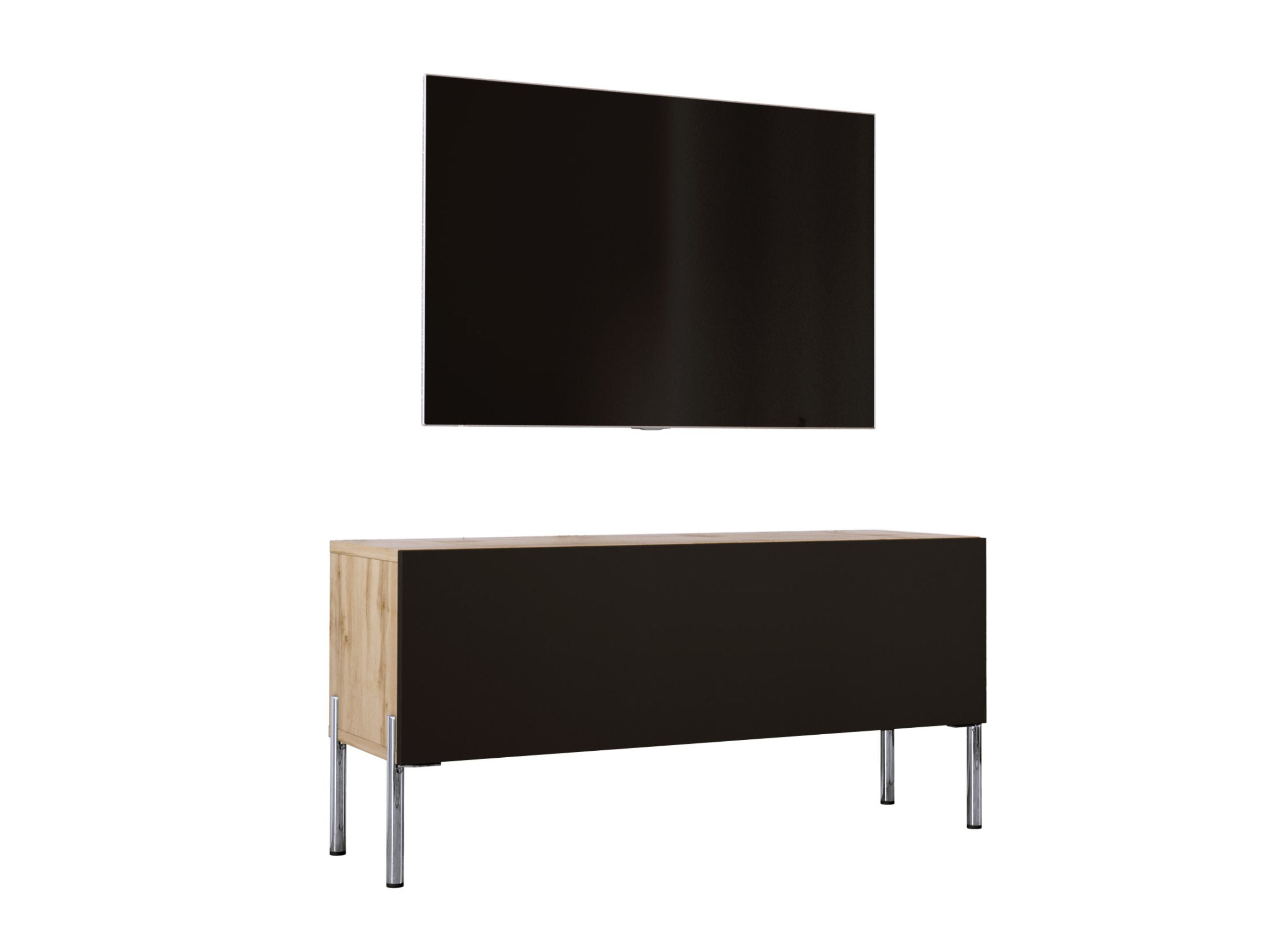 Szafka RTV: Dąb Wotan / Czarny Mat, Nogi Chrom, 100 x 52 x 32 cm