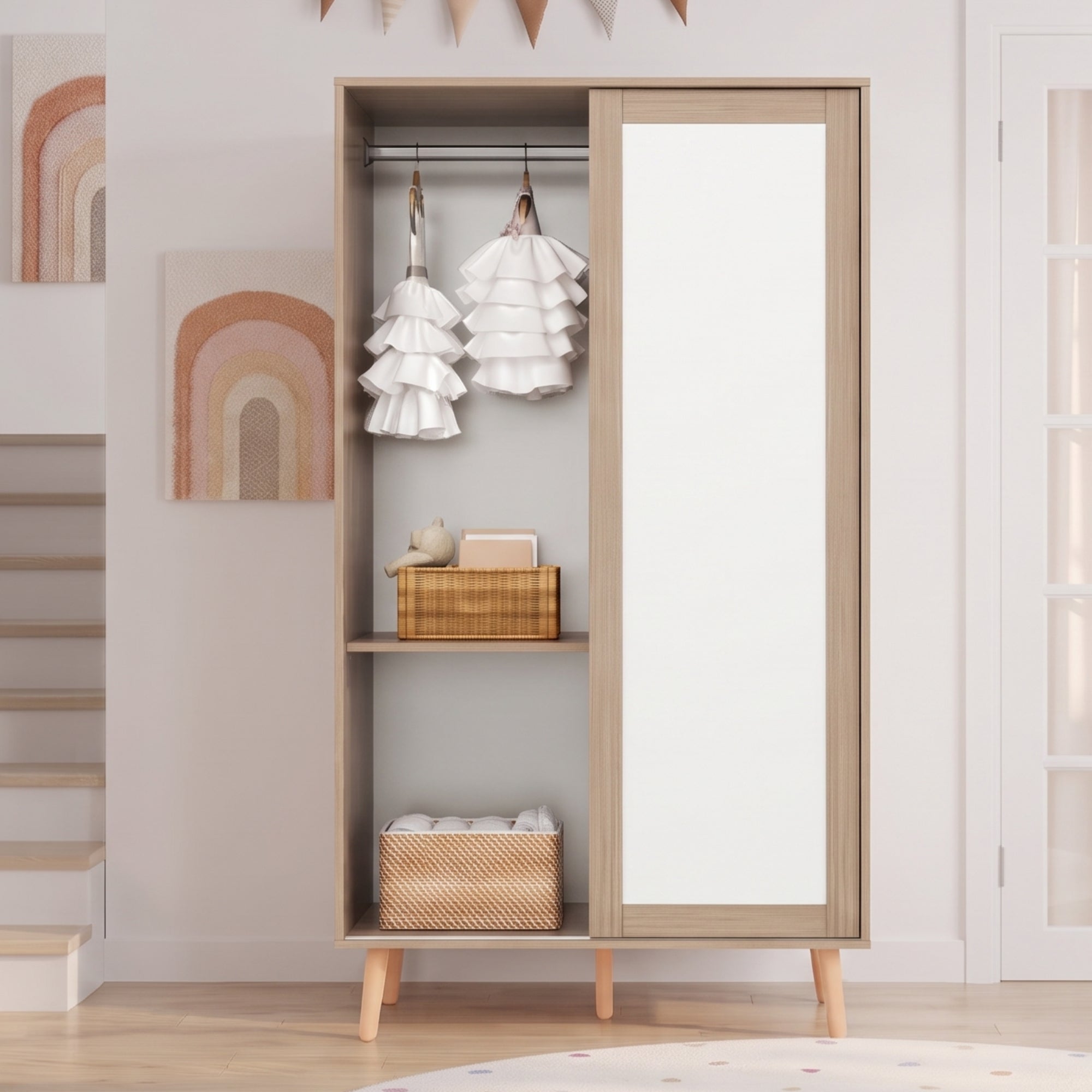 Szafa dziecięca z 2 drzwiami przesuwnymi, drążkiem na wieszaki i półkami - MDF - 80 x 46 x 141,5 cm - Kolor biały i naturalne drewno