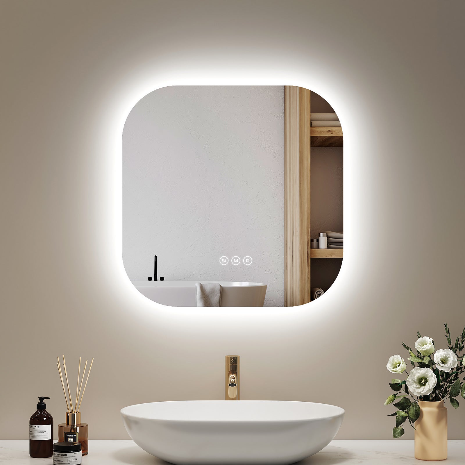 EMKE Lustro łazienkowe z oświetleniem LED 50x50 cm, z 3 barwy światła, możliwość ściemniania, przeciwmgielne, funkcja pamięci, bezramowe