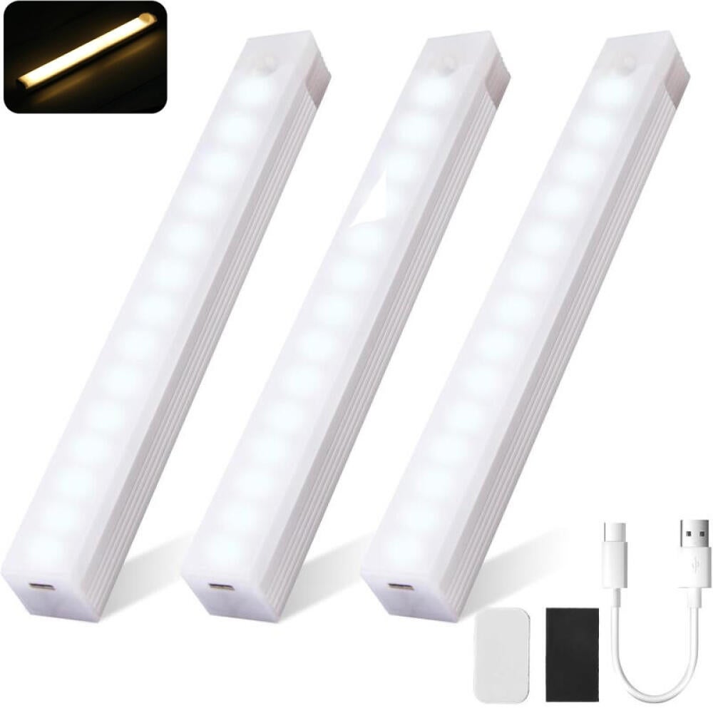 Lampa LED z czujnikiem ruchu, ładowana przez USB-C, magnetyczna, do szafek, schodów i kuchni, opakowanie 3 szt., 30 cm, ciepłe światło.