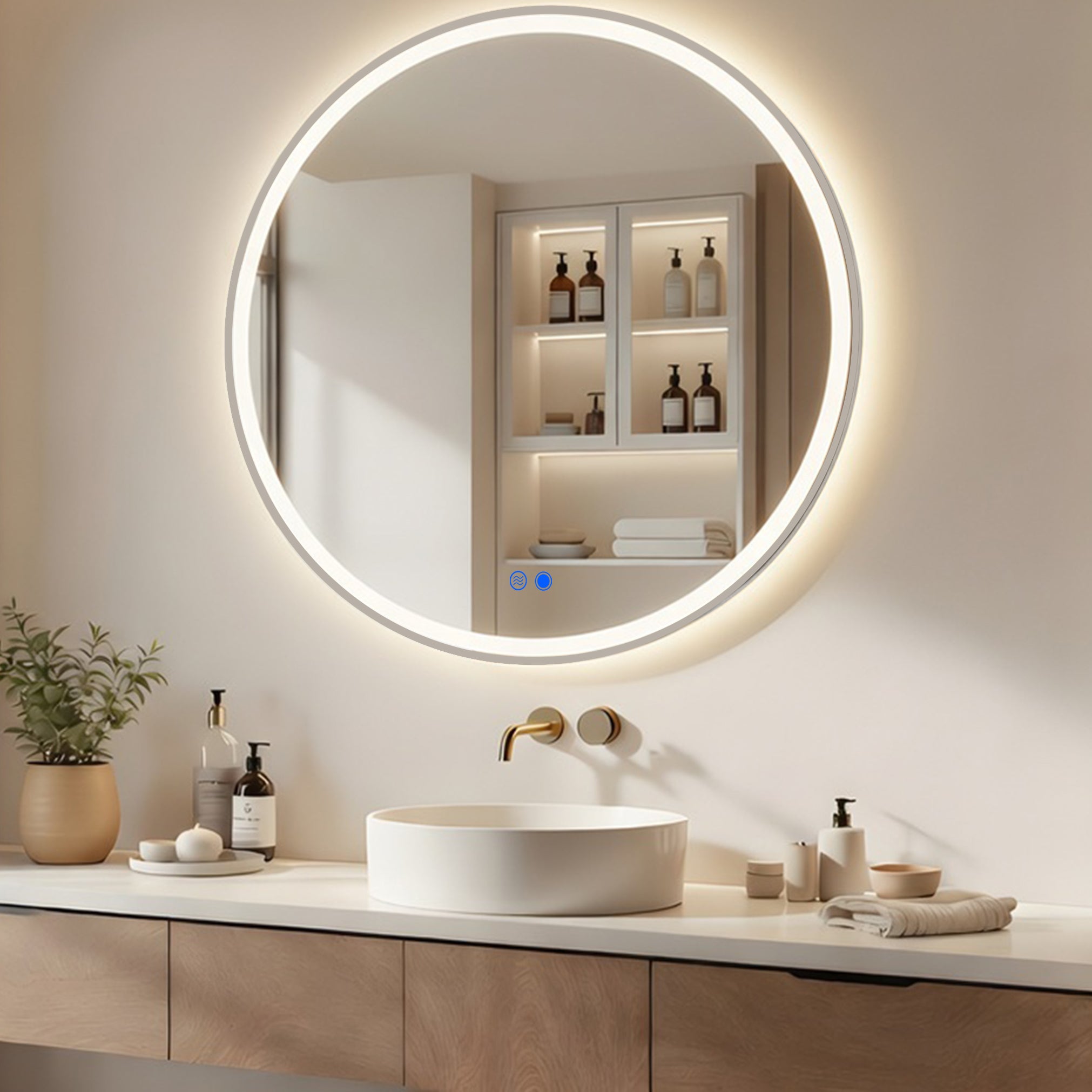 Lustro LED łazienkowe okrągłe 80x80 cm ARTFORMA – podświetlane, 3 barwy światła, dotykowe, antyzaparowe, rama srebrny szczotkowany