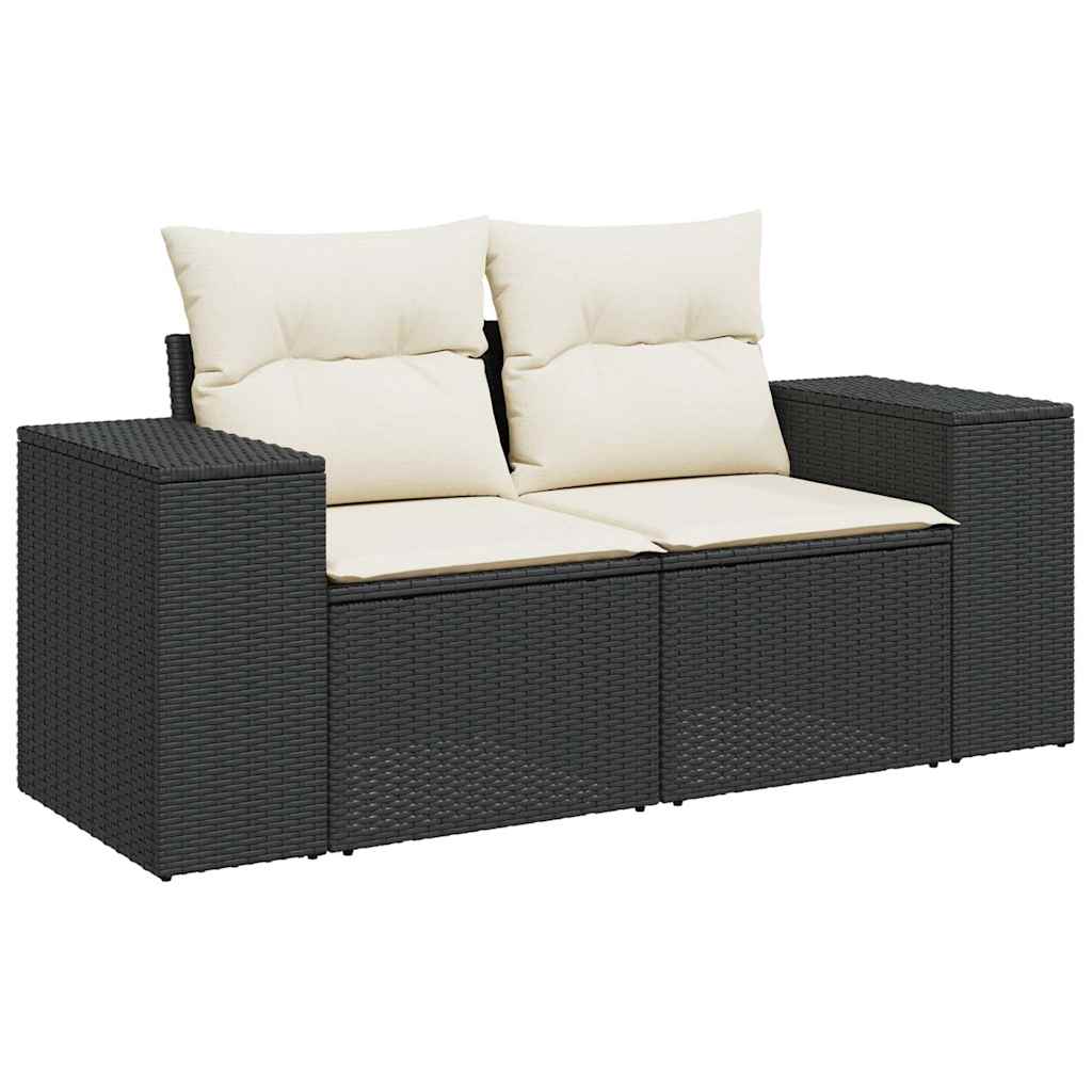 Sofa Ogrodowa 2-Osobowa Czarna z Polirattanu z Kremowymi Poduszkami