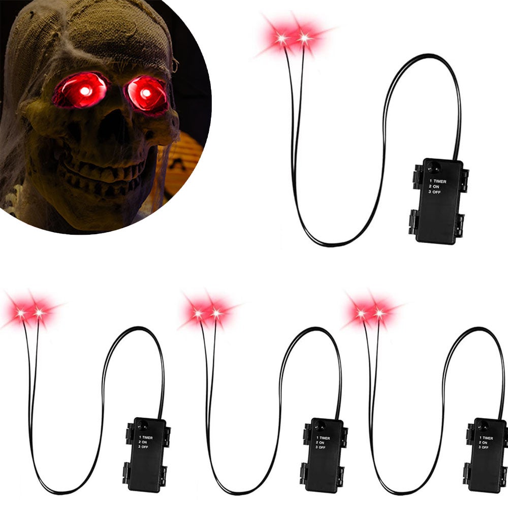 Zestaw 4 sztuk dekoracyjnych lampek LED na Halloween z timerem, świecące oczy czaszki, przerażające czerwone oczy, pasują do masek