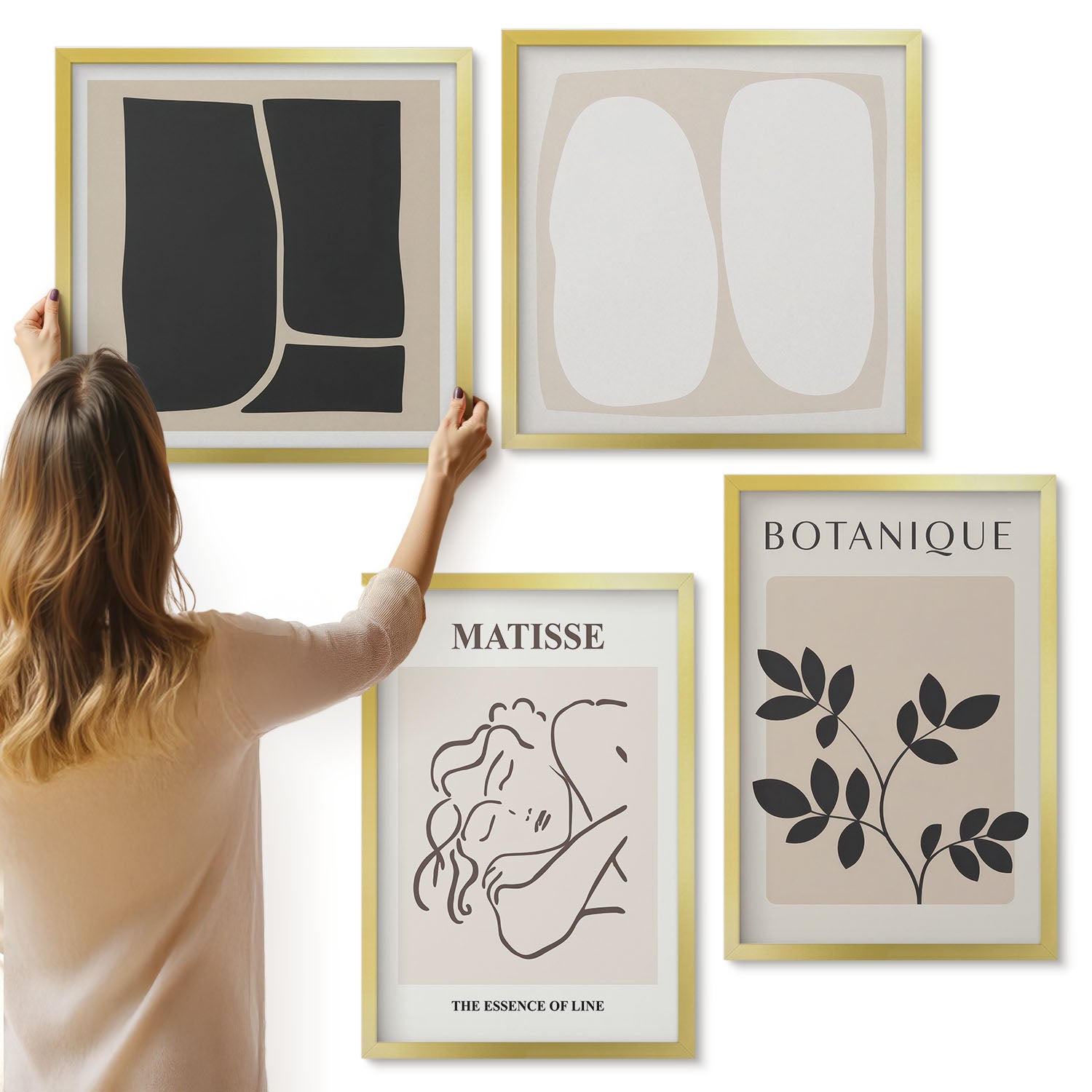 Galeria ścienna 4-częściowy komplet obrazów w złotych ramach - Stylowe minimalistyczne obrazy z motywami roślinnymi Matisse - ArtPrintCave