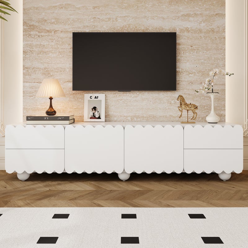 Nowoczesna szafka RTV z 2 drzwiami i 4 szufladami - 175 x 38 x 37 cm - Płyta wiórowa + MDF - Biała